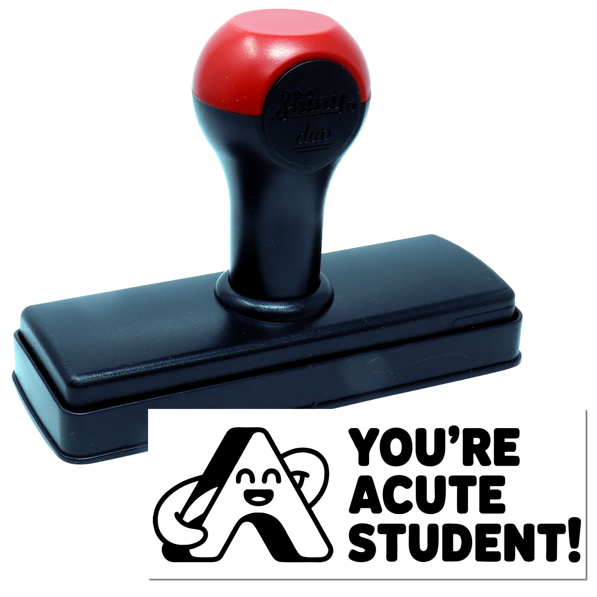 Red-and-black self-inking stamp and seal with rounded handle, featuring Youre a cute student! text.