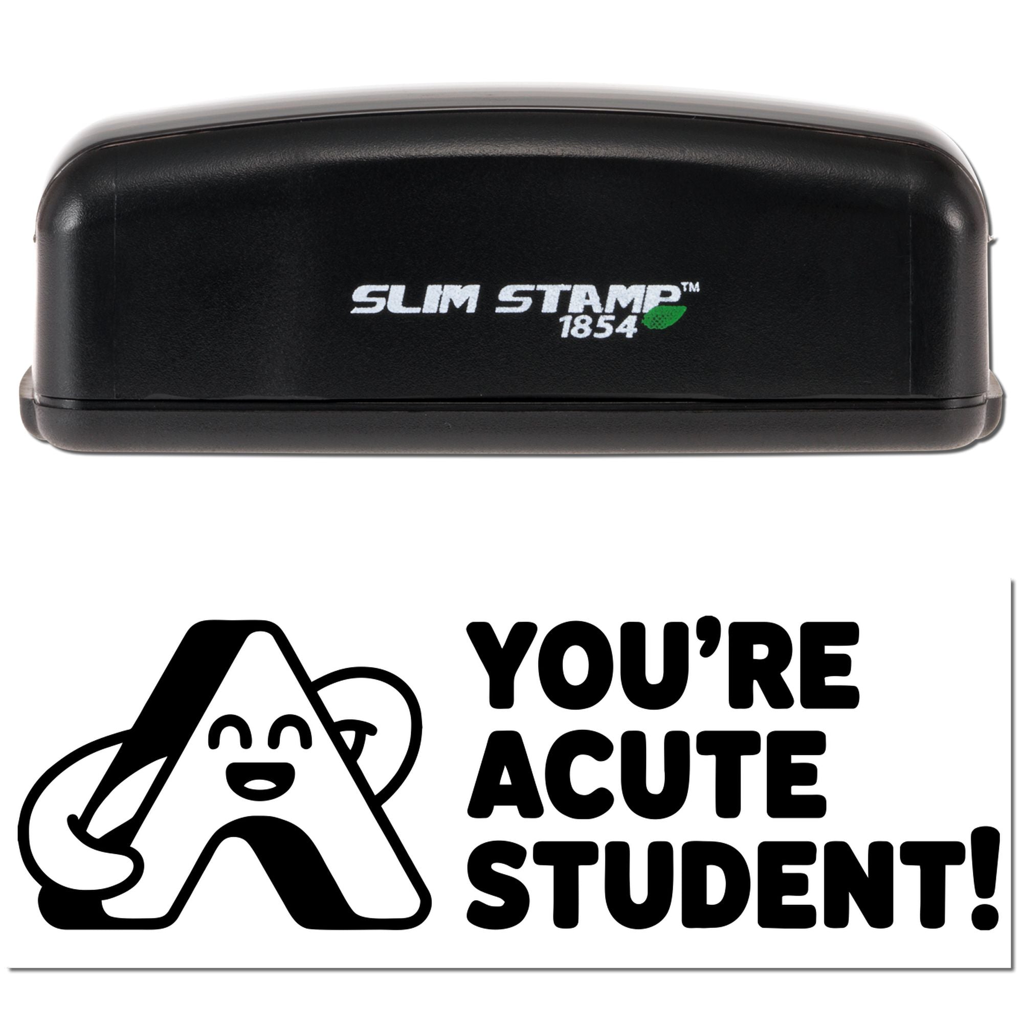 Black Slim Stamp 1854 self-inking stamp with Youre a cute student! seal on a white background