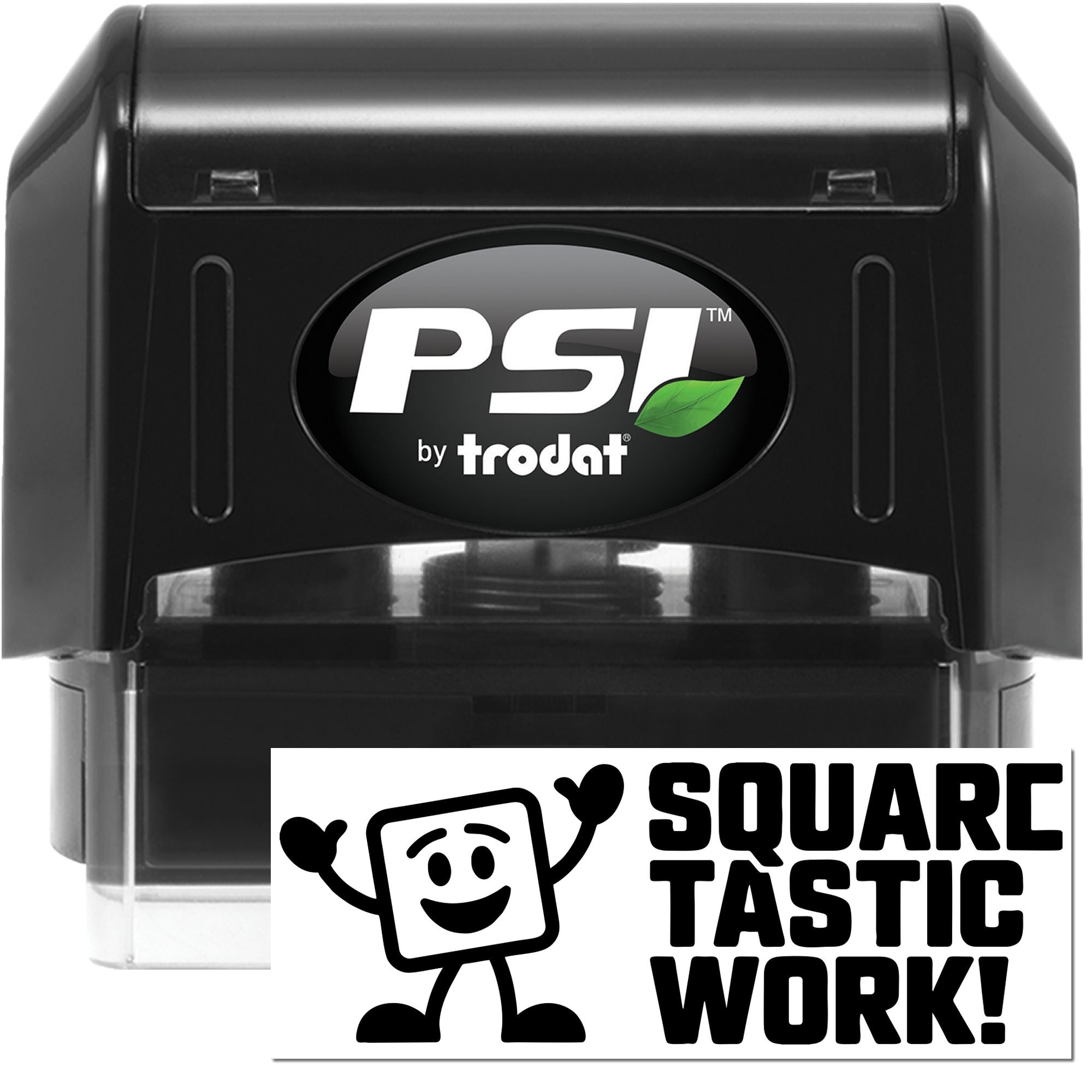 Black PSI by Trodat self-inking stamp and seal with clear base, white logo, and green leaf accent.
