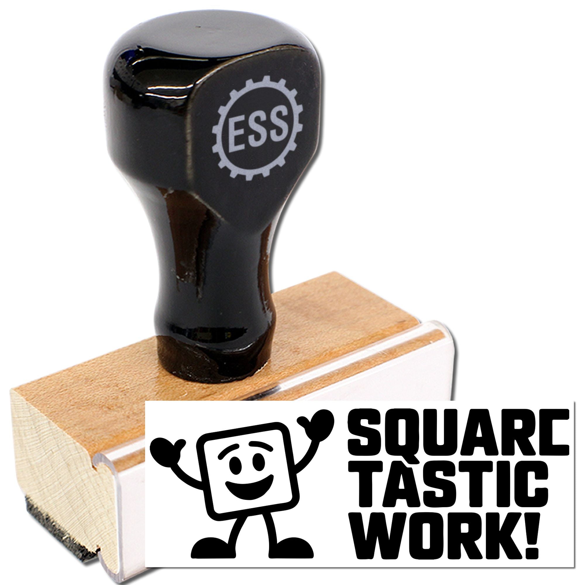 Black ESS rubber stamp and seal on a wooden base with white-and-black Square Tastic Work branding.