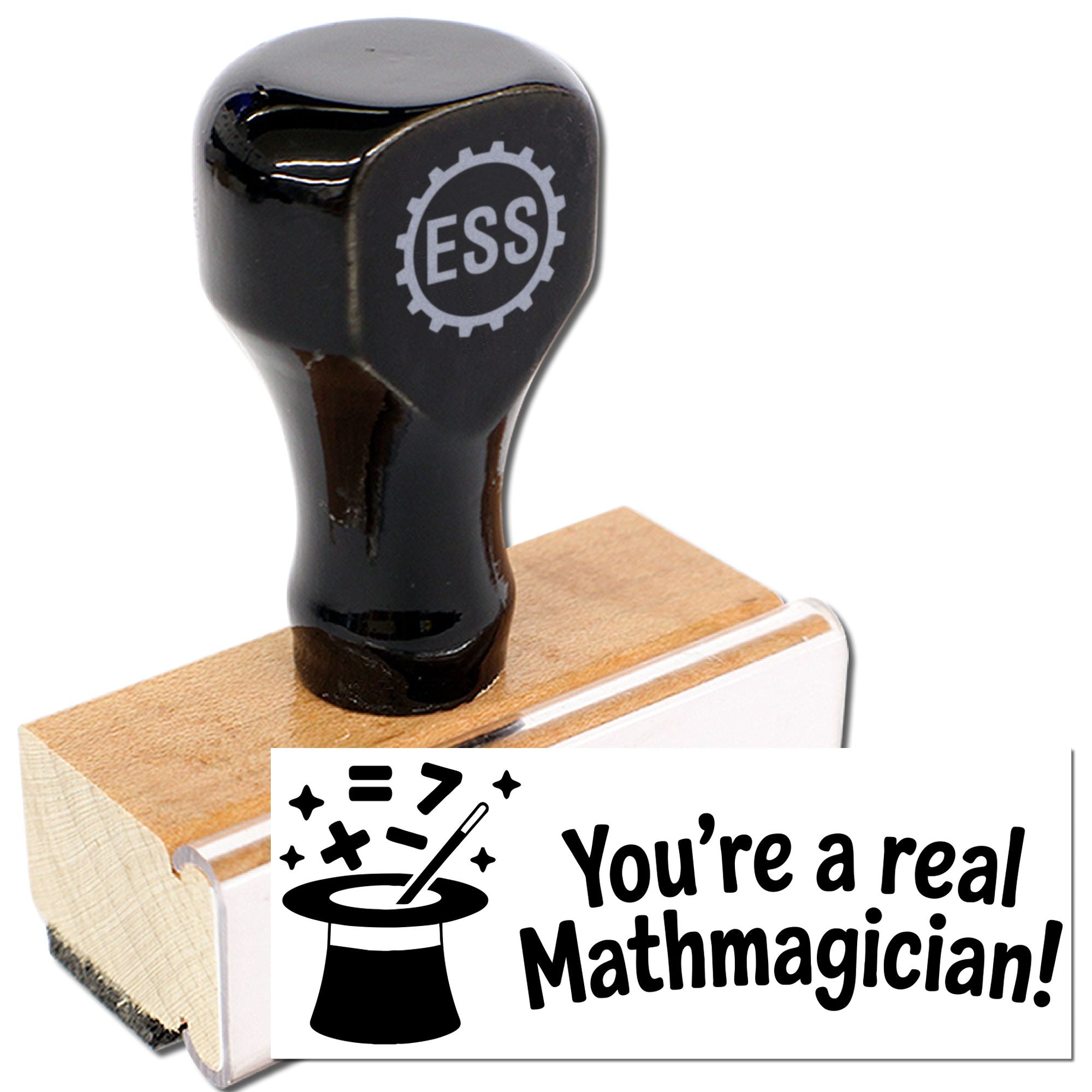 Black rubber stamp with wood base and white seal reading Youre a real Mathmagician! plus magic hat graphic.