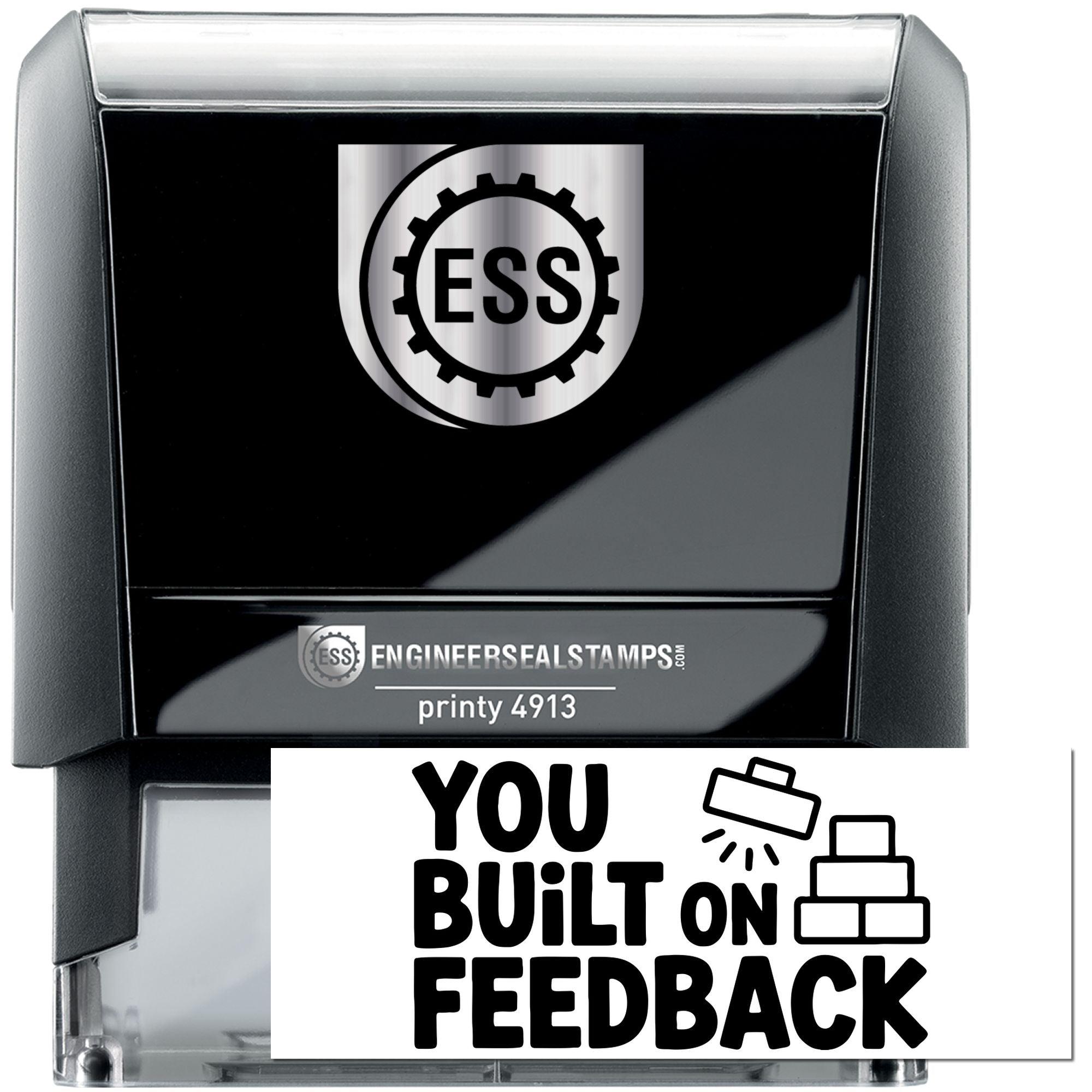 Black self-inking engineer seal stamp with silver ESS logo and white You Built on Feedback imprint