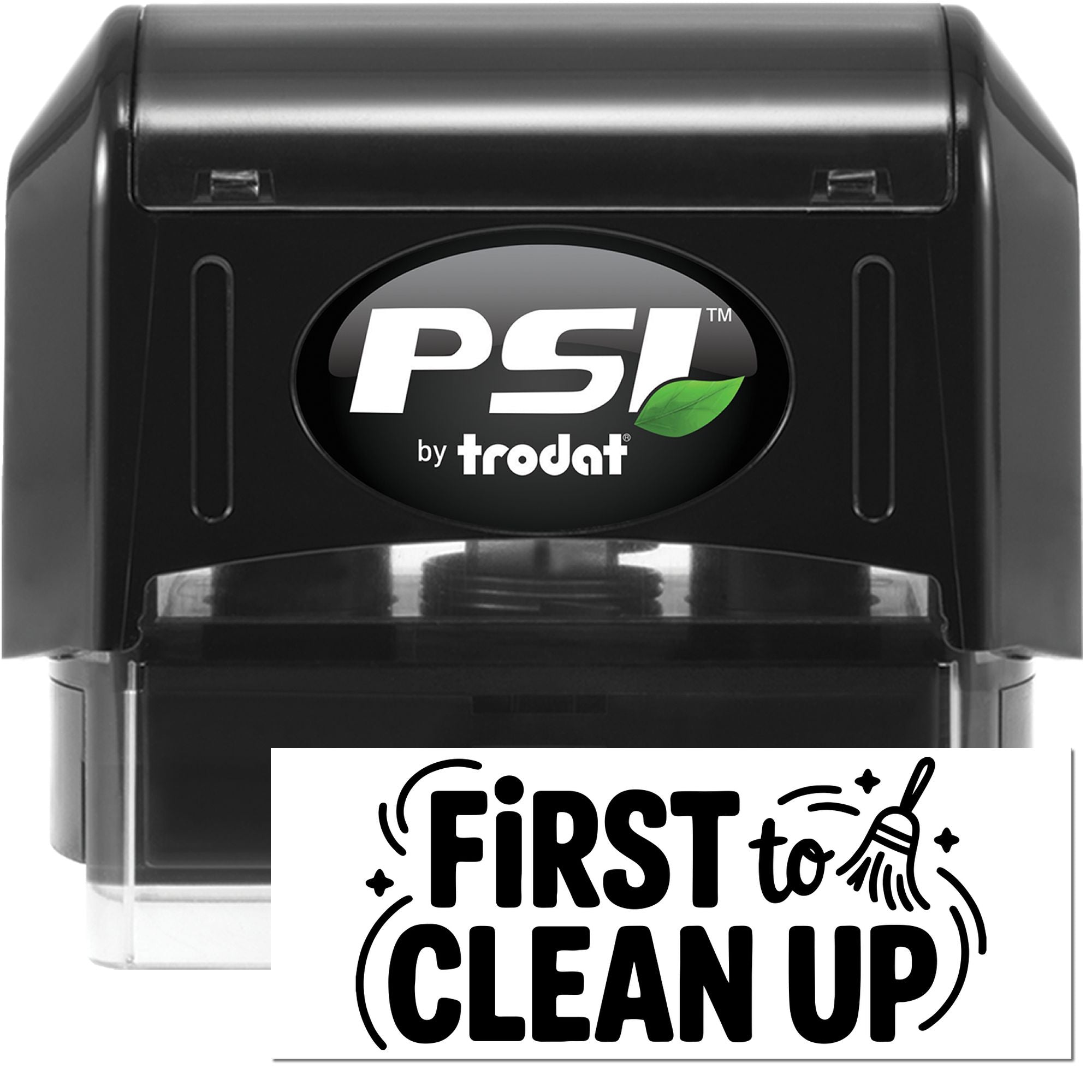 Black PSI by Trodat self-inking stamp and seal with green leaf logo and First to Clean Up text on white background