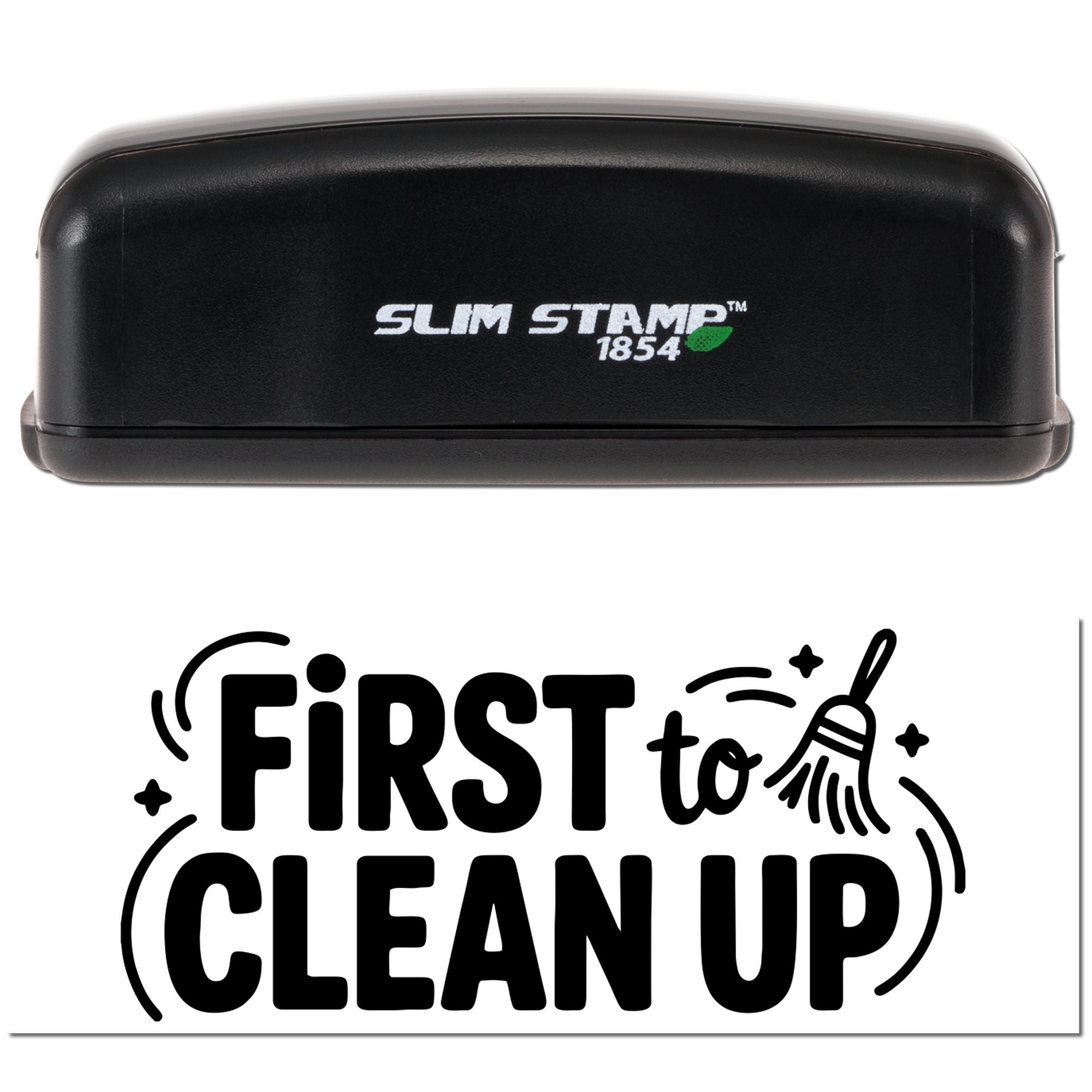 Black Slim Stamp 1854 self-inking stamp and seal products with bold First Clean Up design on white background