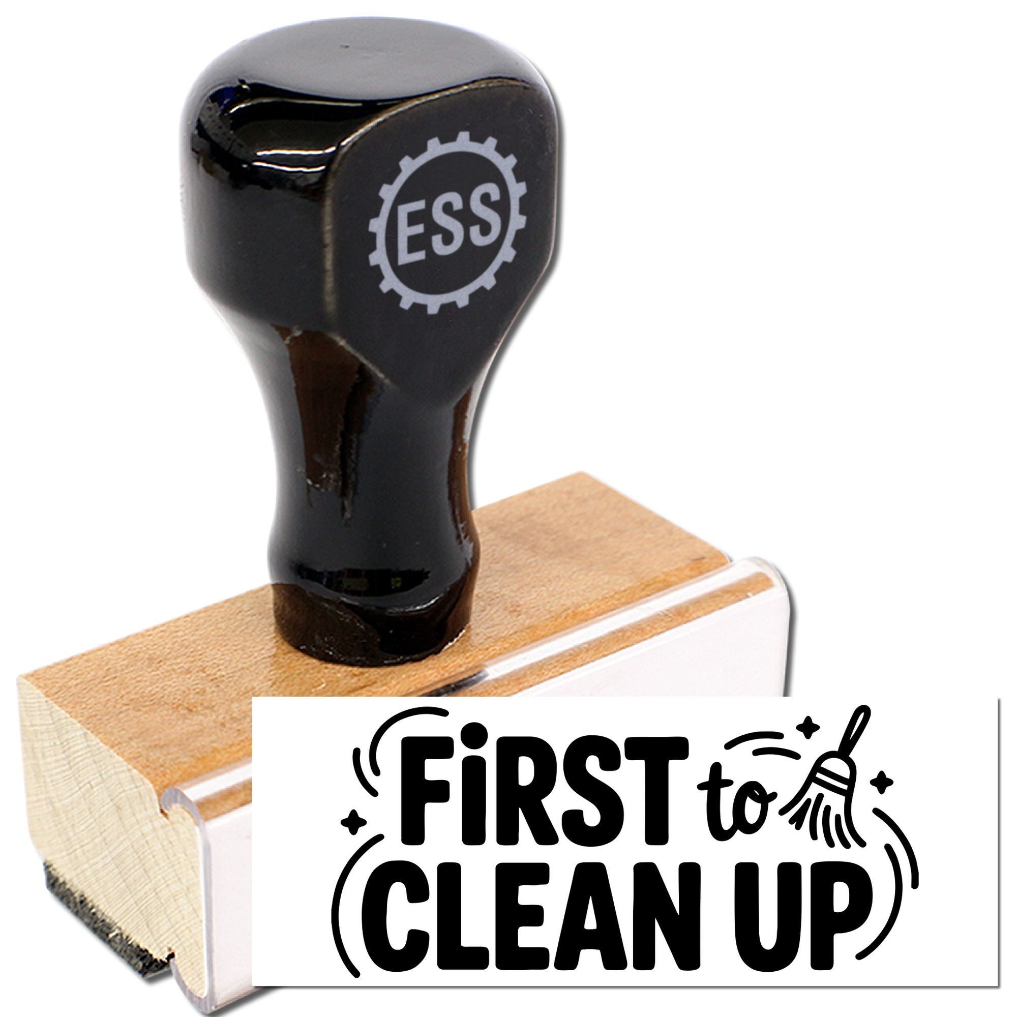 Black rubber stamp and seal with ESS logo, mounted on a wooden handle, printing FIRST to CLEAN UP in bold lettering.