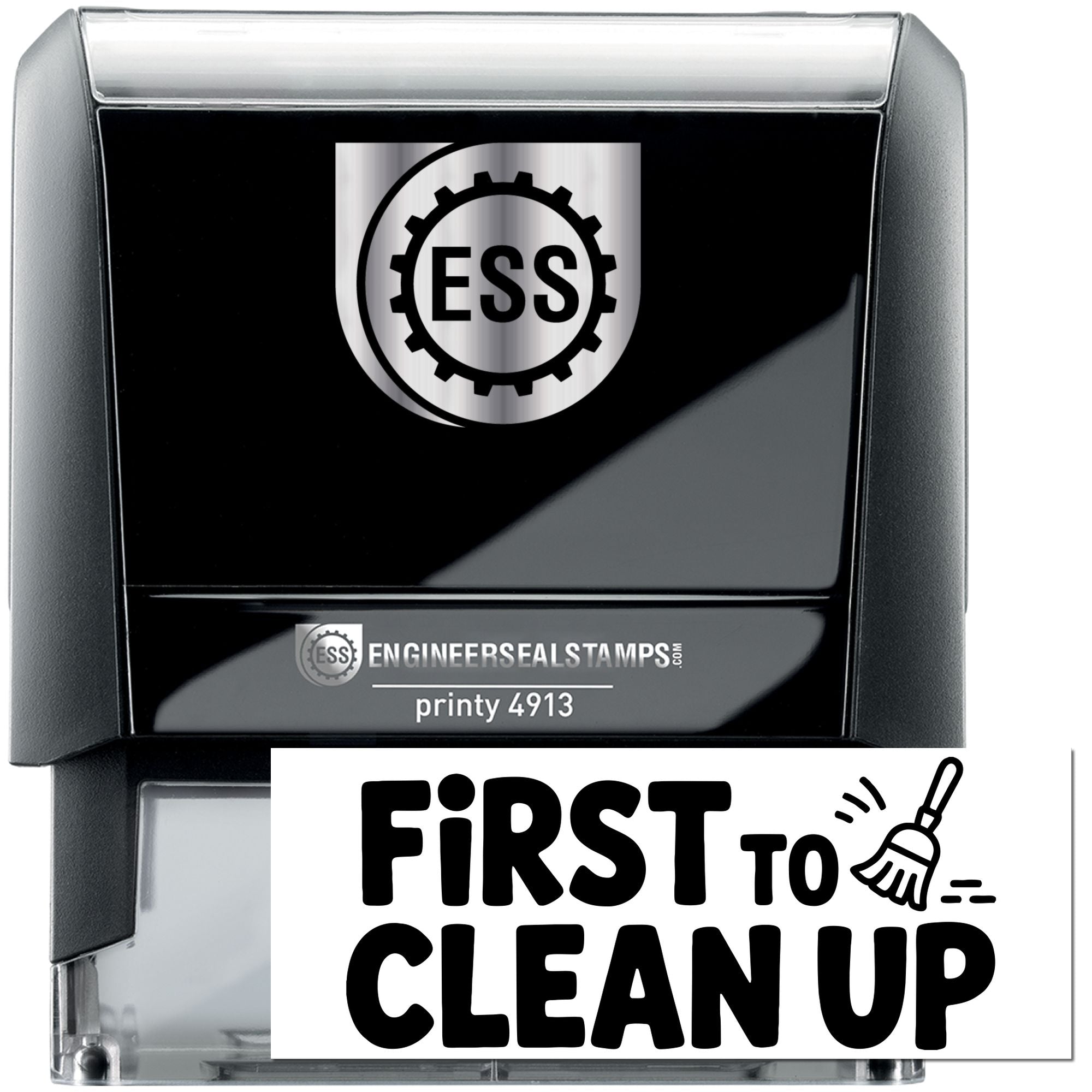 Black self-inking engineer seal stamp with silver ESS logo and First to Clean Up text.