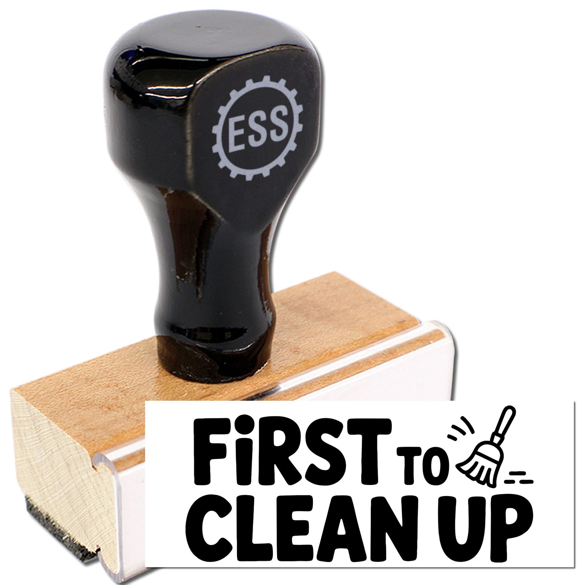 Black ESS rubber stamp on a wooden block with white First to Clean Up seal label