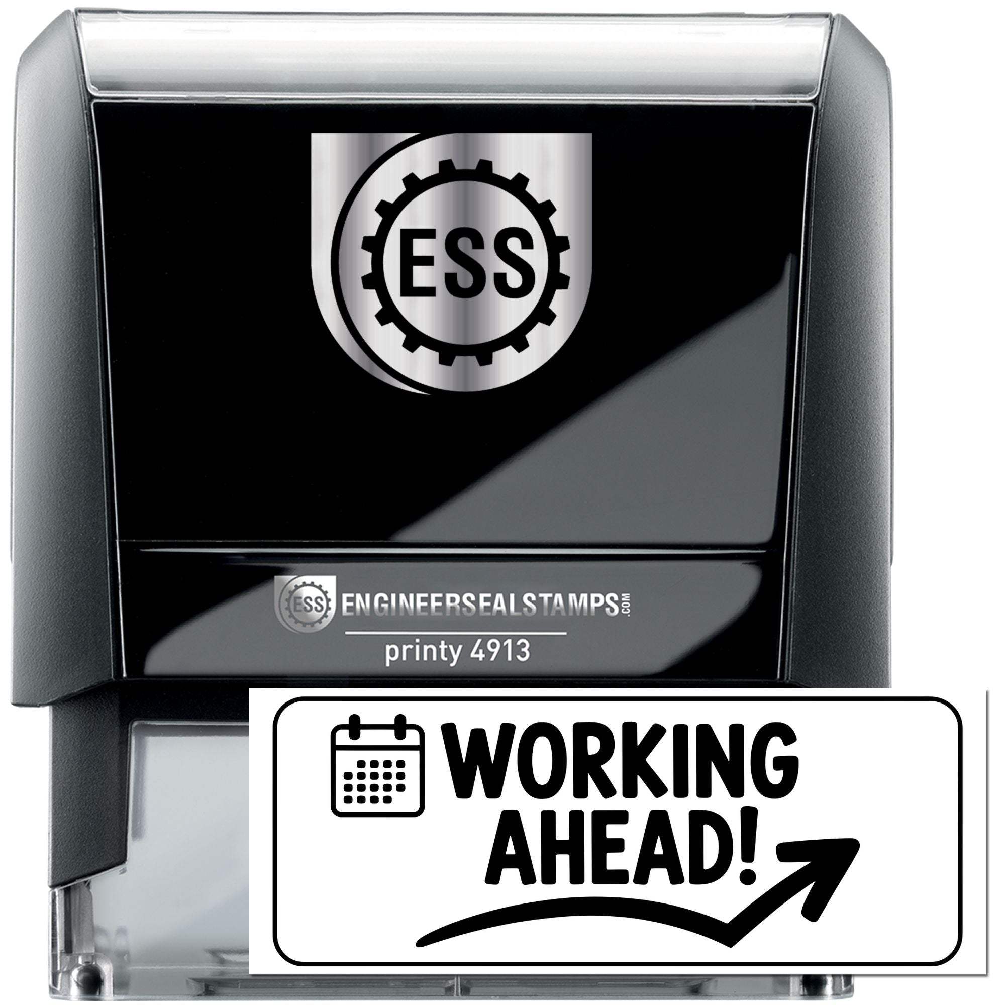 Black self-inking ESS stamp and seal set with silver top, showing a white WORKING AHEAD! seal with calendar icon and arrow.
