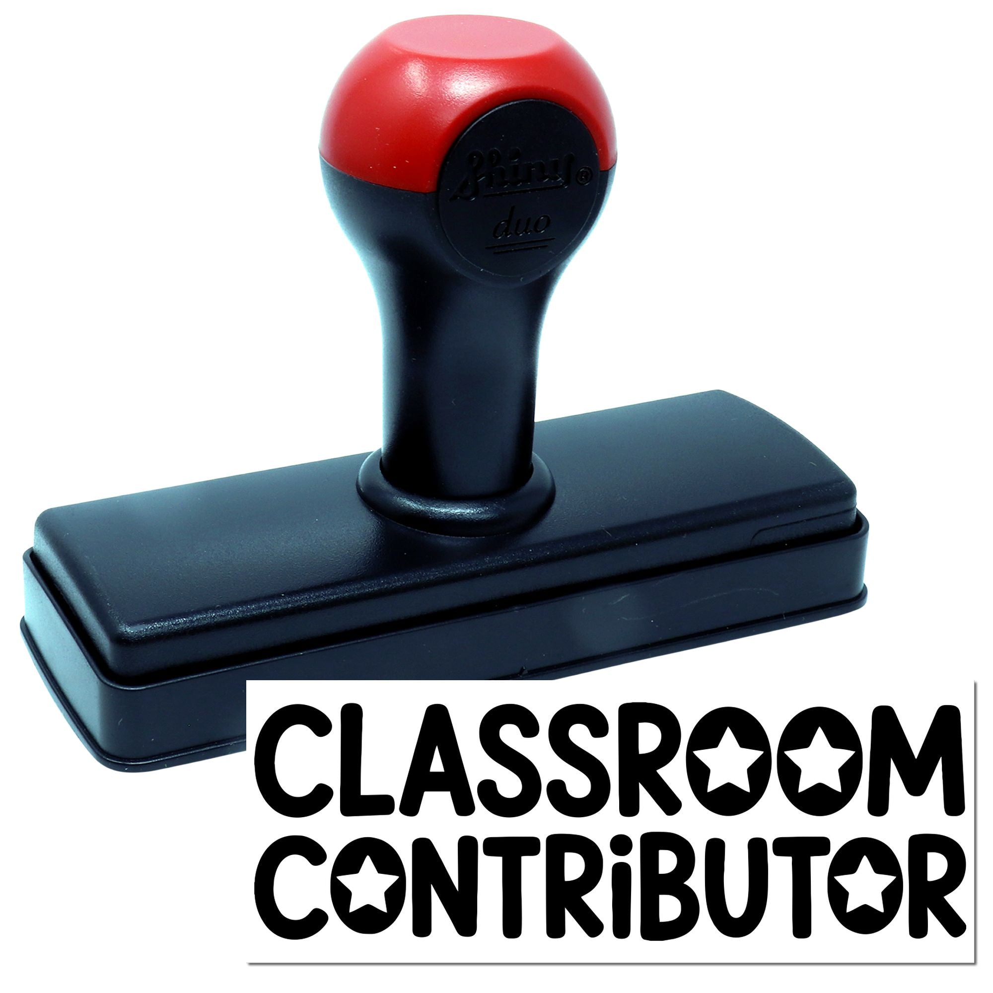 Red and black self-inking classroom stamp and seal with Classroom Contributor text and star icons