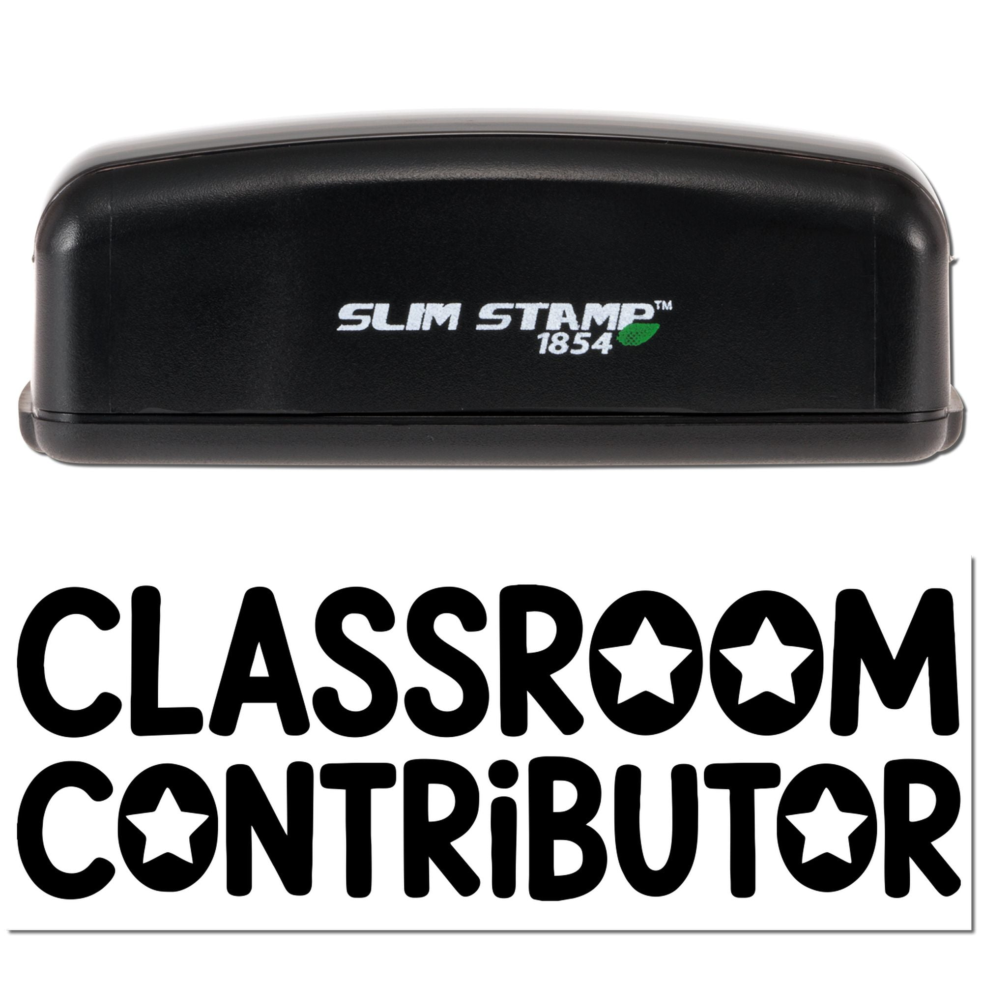 Black Slim Stamp 1854 self-inking classroom contributor stamp with bold star-cutout lettering on white background.