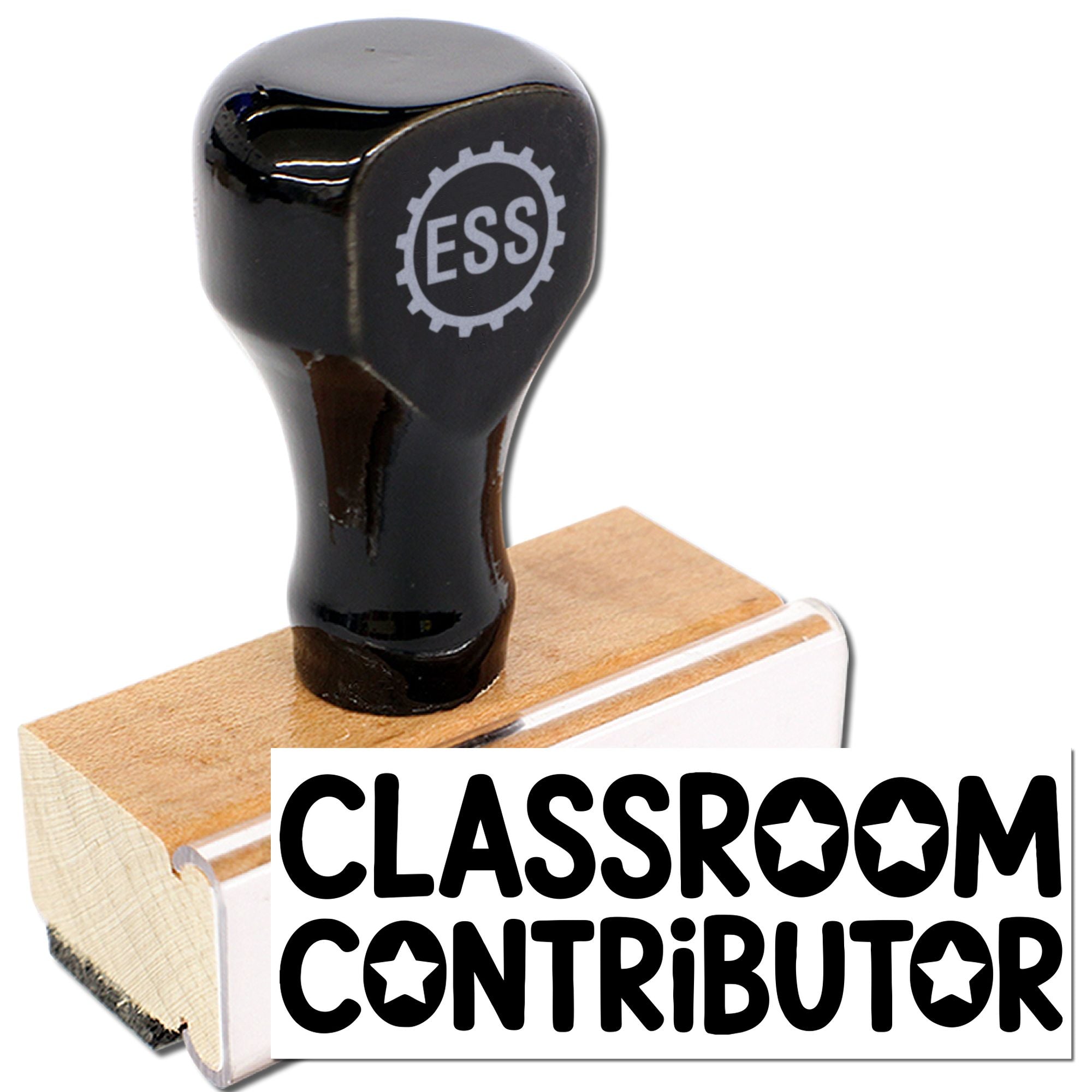 Black rubber classroom contributor stamp seal with wooden base and star cutouts