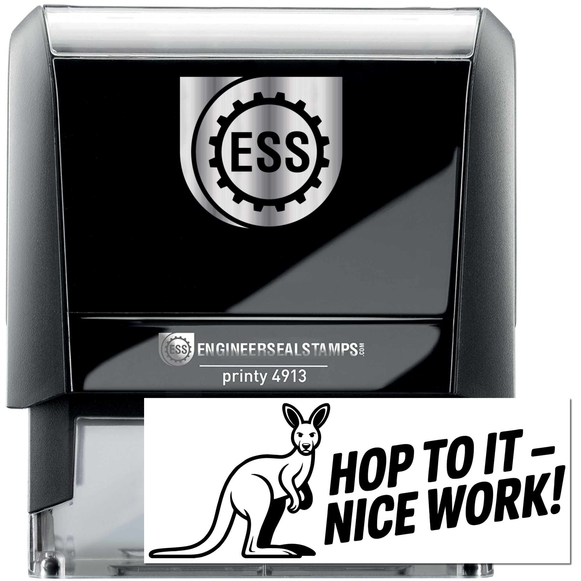 Black ESS self-inking stamp and seal with silver top, white insert, kangaroo graphic, and HOP TO IT NICE WORK! text.
