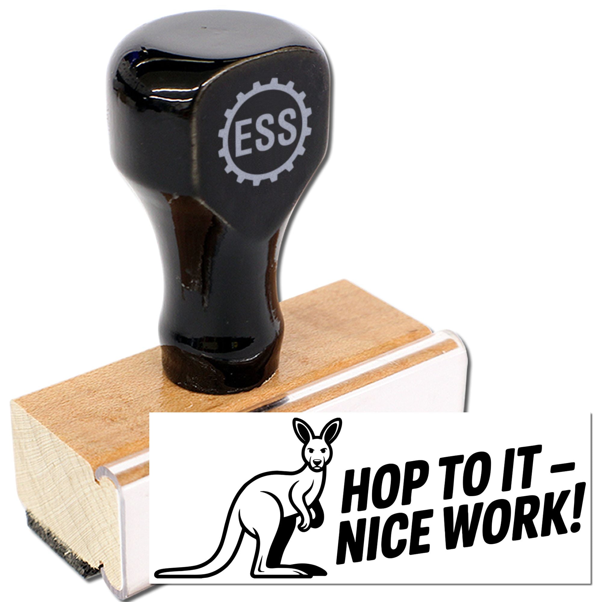 Black rubber stamp seal with ESS logo on a wooden handle, beside a white card reading HOP TO IT - NICE WORK!