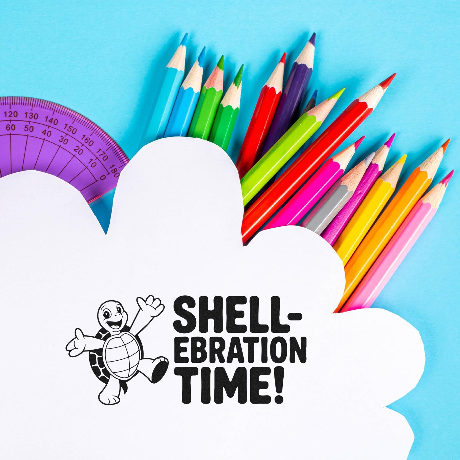 White cloud-shaped seal stamp with turtle mascot and Shell-ebration Time! text, surrounded by colorful pencils on a blue background.