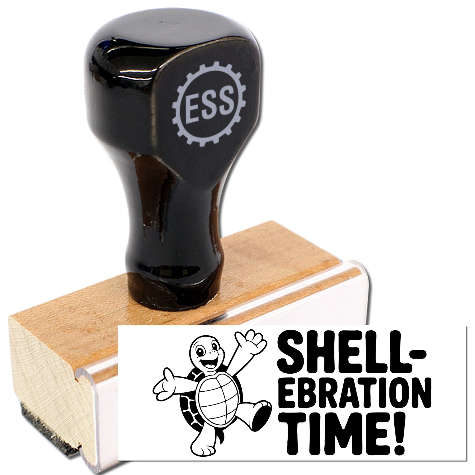 Black ESS rubber stamp with wooden base and white Shell-Ebration Time seal featuring a smiling turtle mascot.