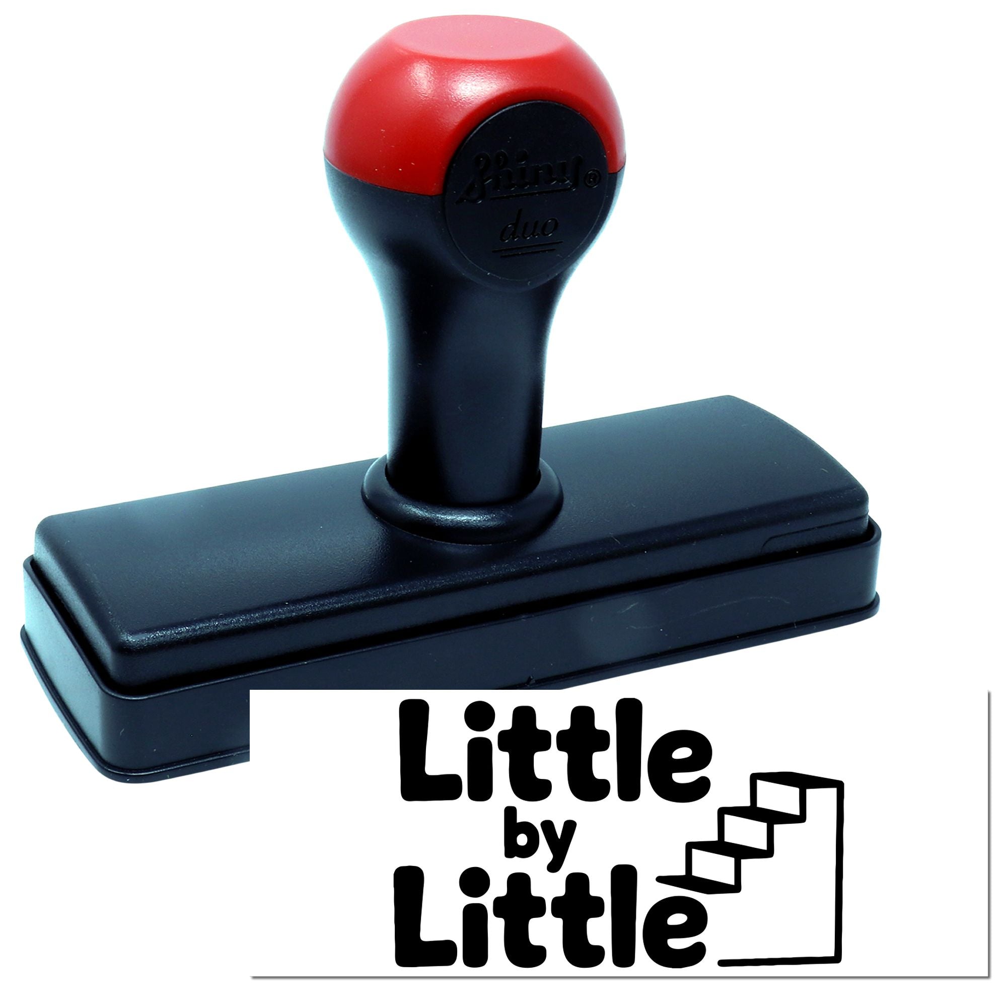 Red and black self-inking stamp and seal with Little by Little logo on a white background