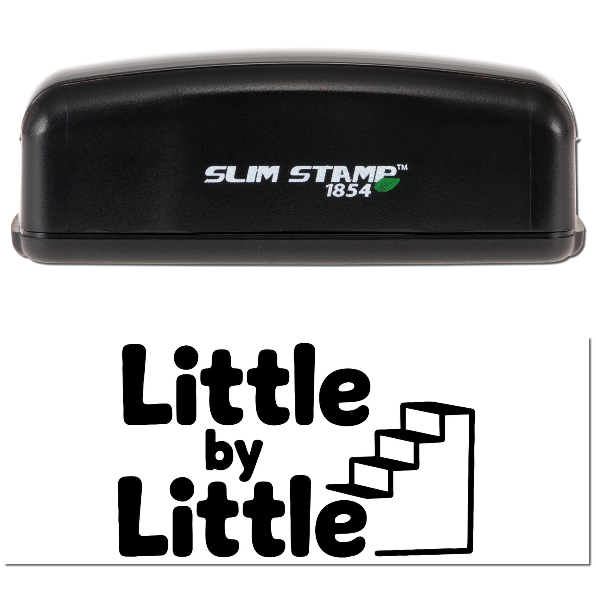 Black Slim Stamp 1854 stamp and seal product with Little by Little logo on white background