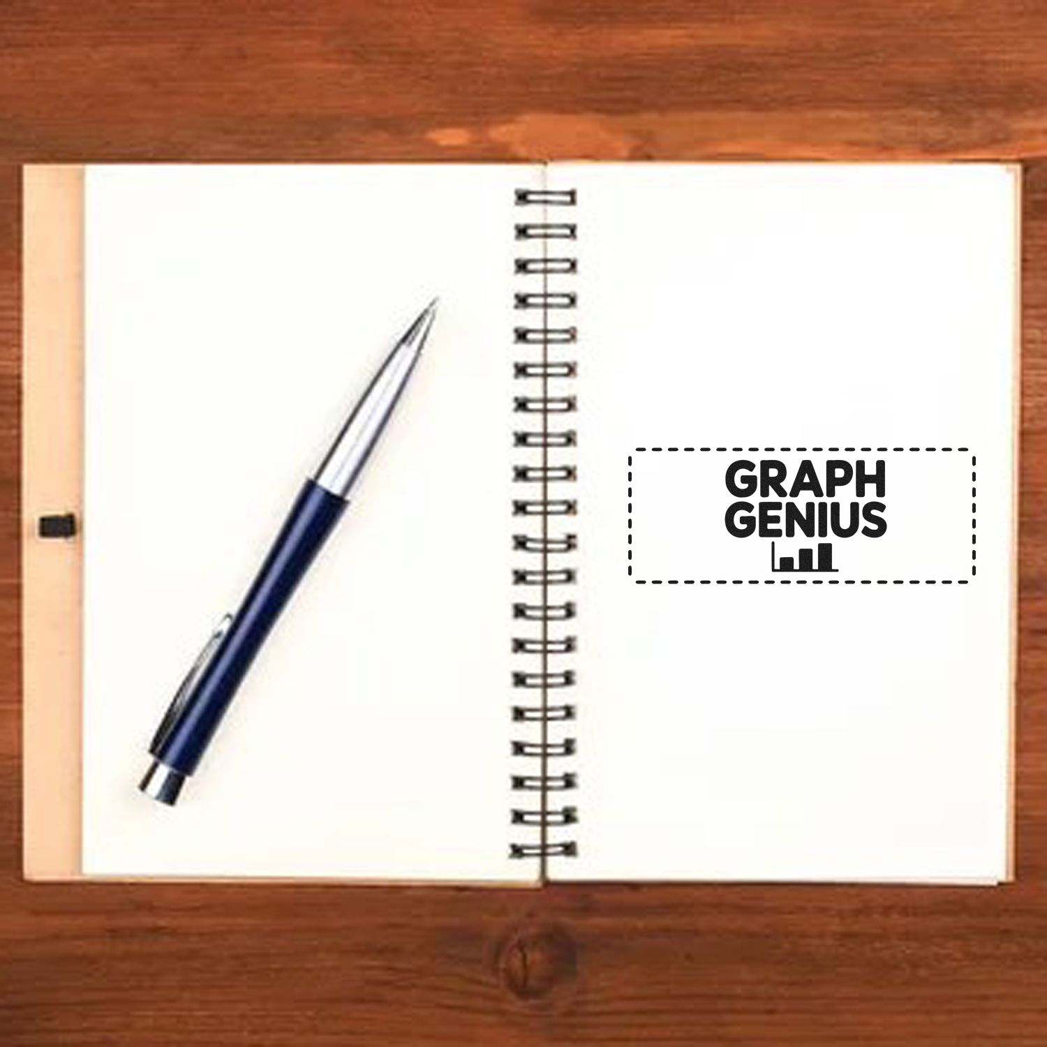 Spiral notebook on wood desk with blue pen and black Graph Genius stamp seal logo