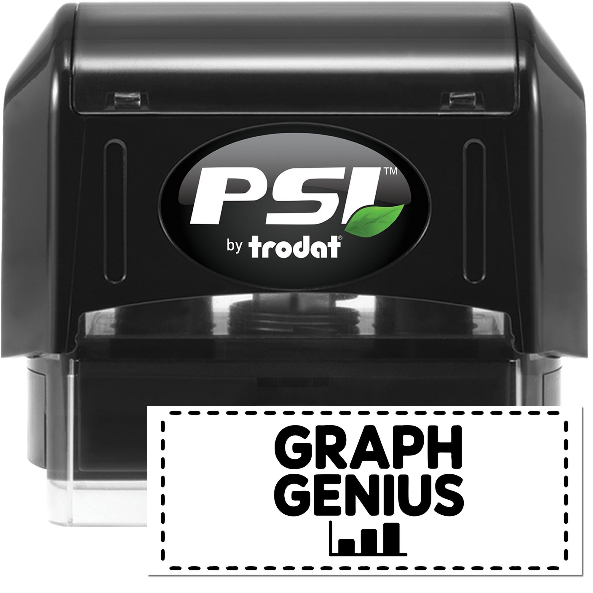 Black PSI by Trodat self-inking stamp and seal, black casing with green leaf logo and GRAPH GENIUS label.