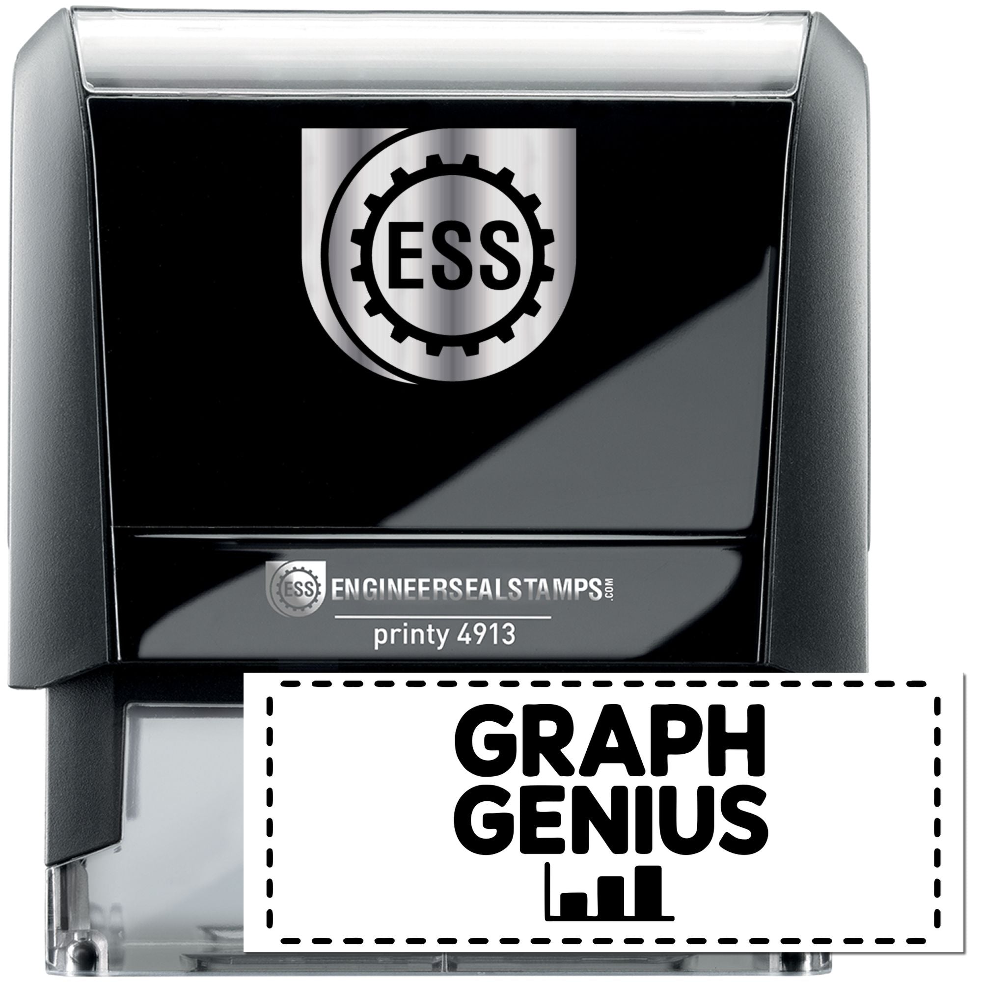 Black self-inking engineer seal stamp with silver ESS gear logo and white Graph Genius insert.