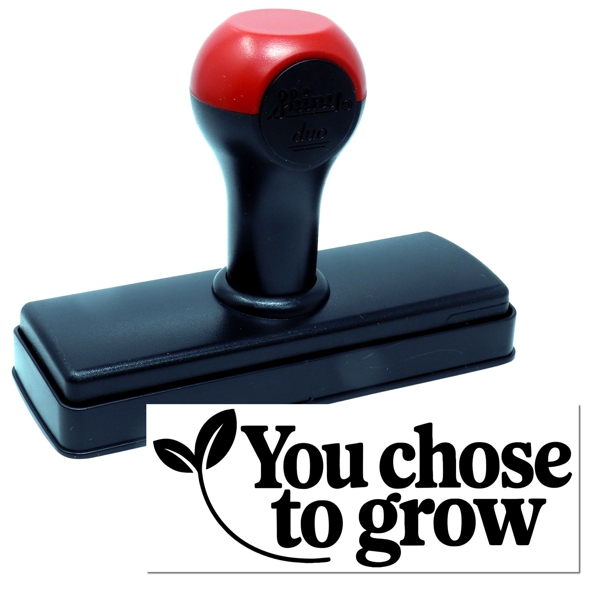 Red-and-black self-inking stamp and seal with rectangular base and custom logo text.