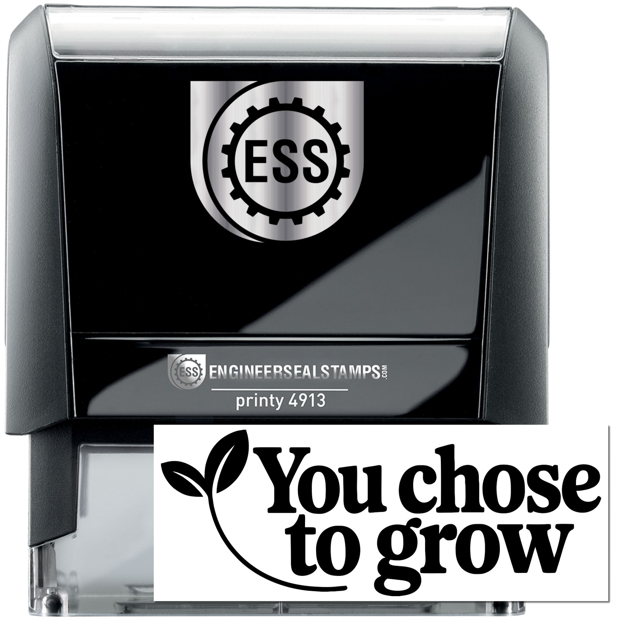 Black and gray self-inking engineer seal stamp with silver ESS gear logo and You chose to grow imprint.