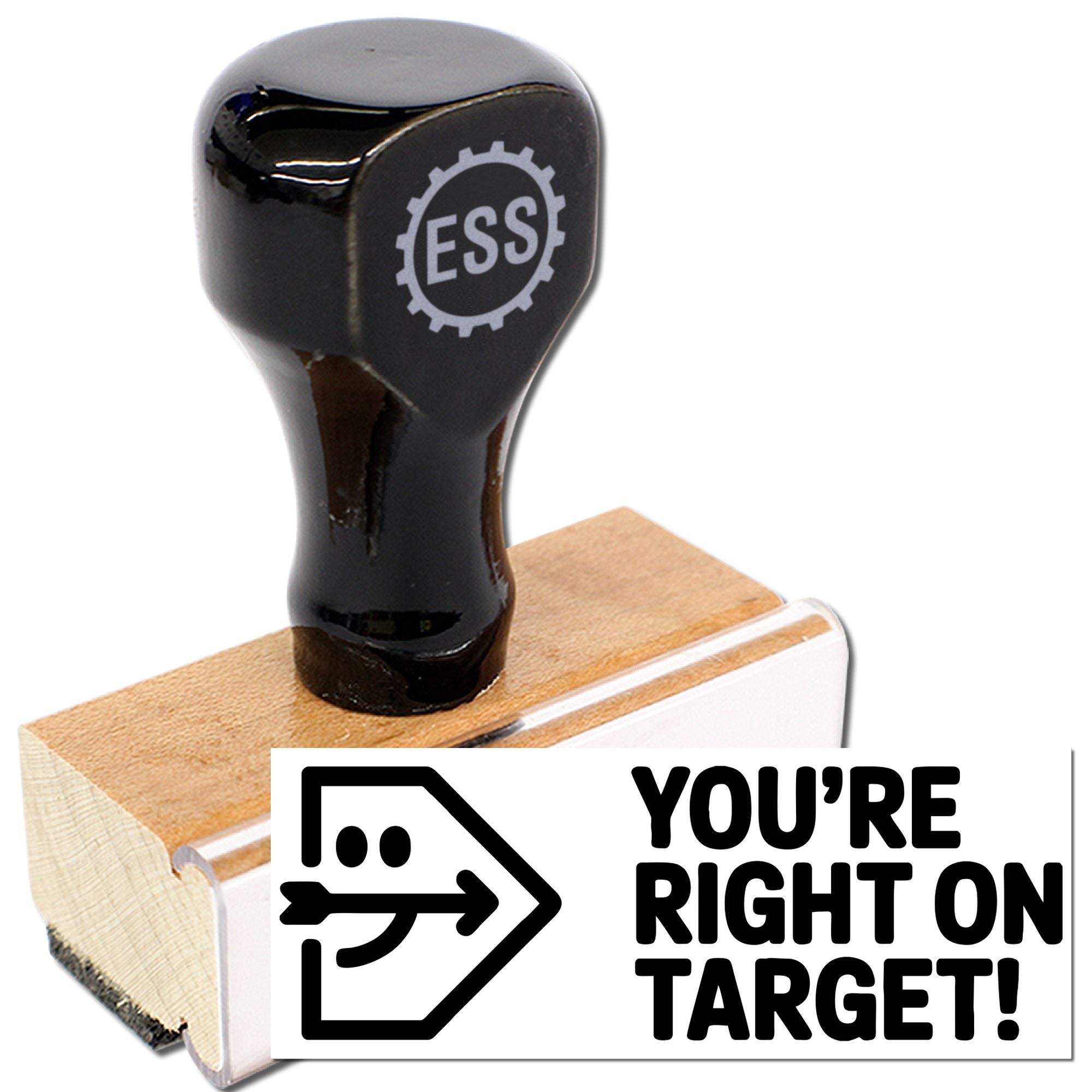 Black ESS stamp and wooden seal block with white YOURE RIGHT ON TARGET! imprint and arrow icon