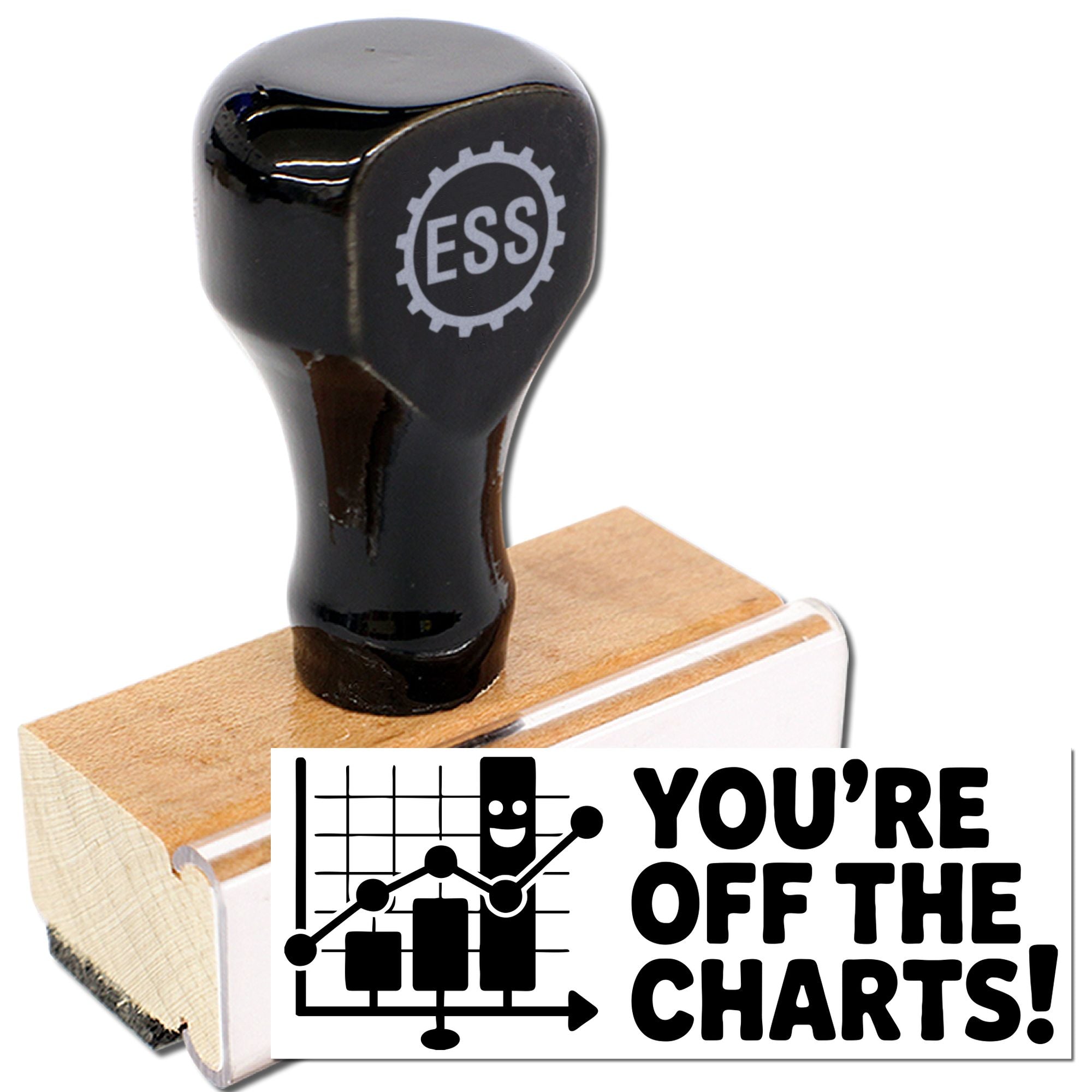 Black rubber stamp with wood block and chart seal graphic reading Youre off the charts! on white background.