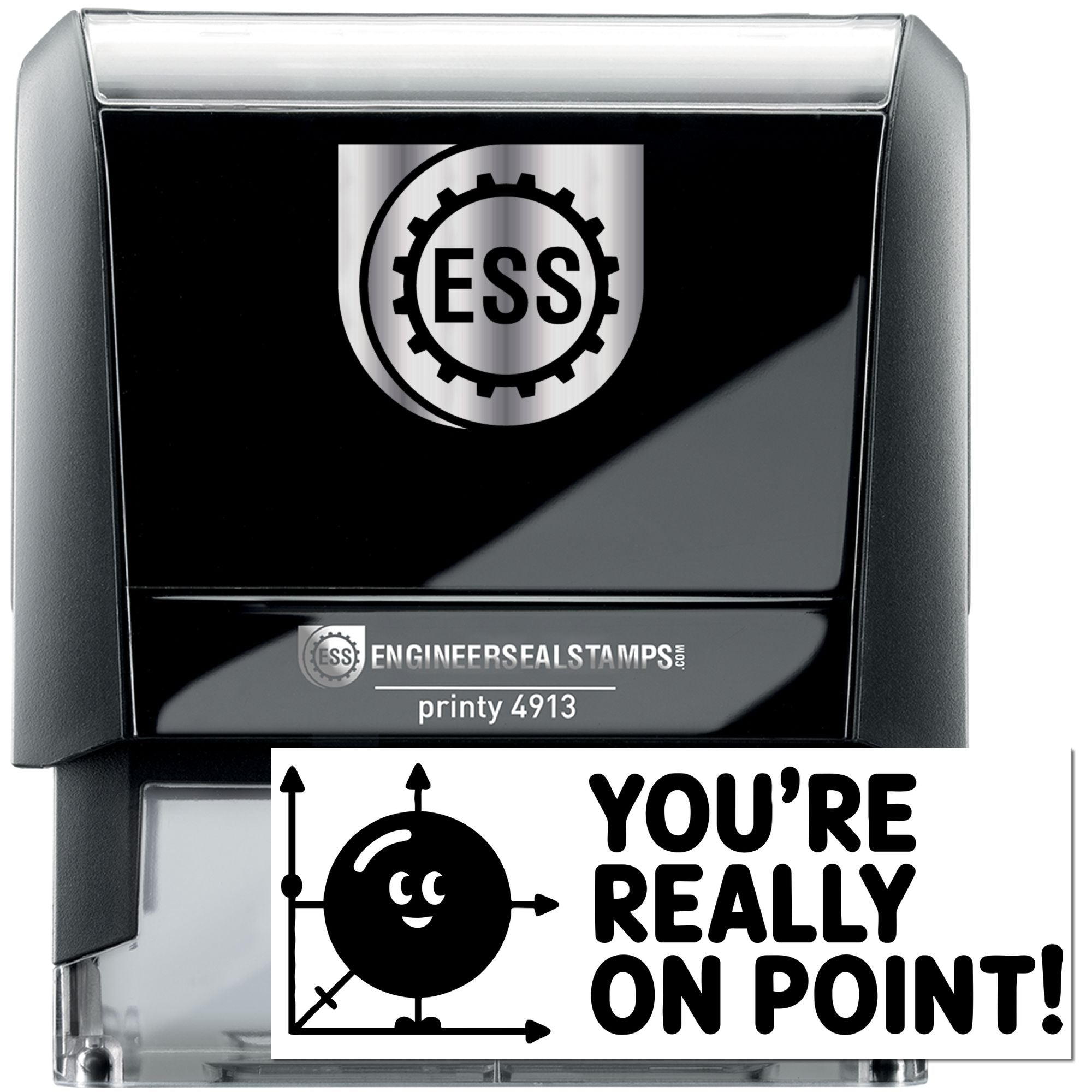 Black self-inking ESS engineer seal stamp with silver logo and Youre really on point! seal design