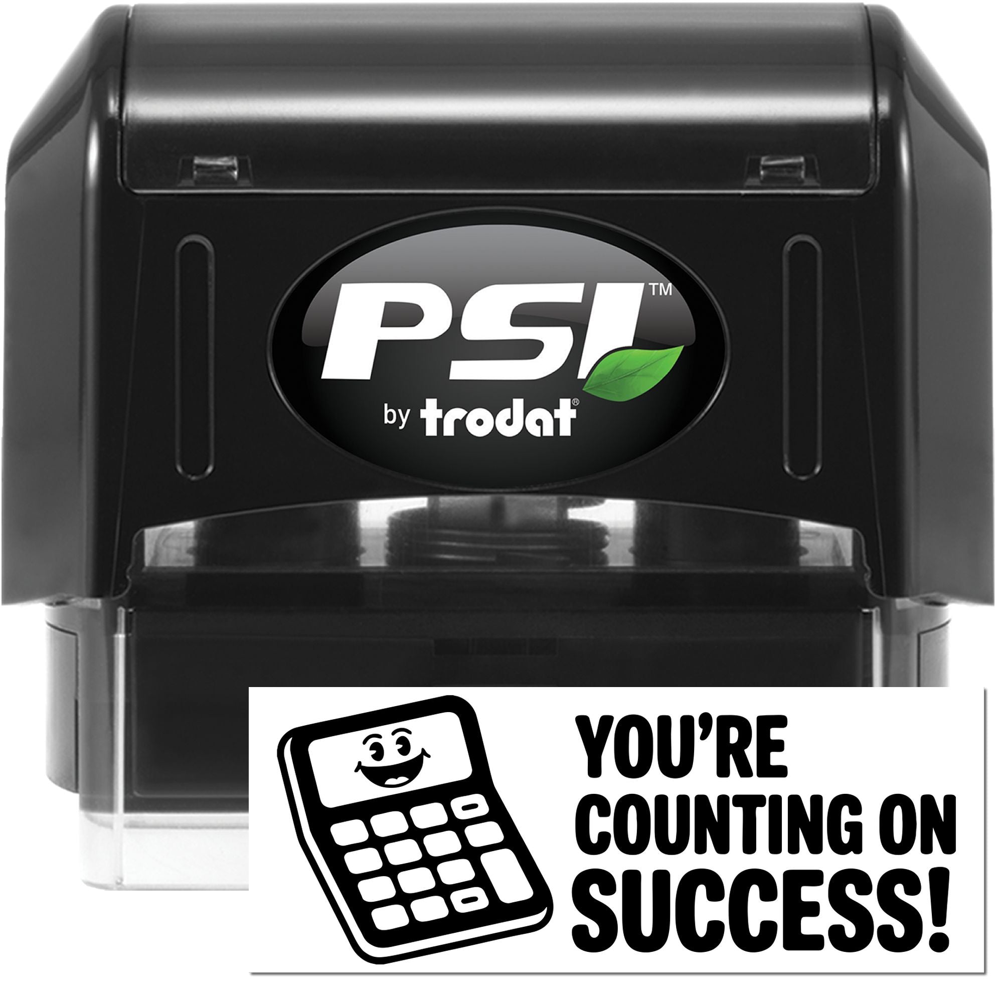 Black PSI by Trodat self-inking stamp and seal with green leaf logo and Youre counting on success! message.