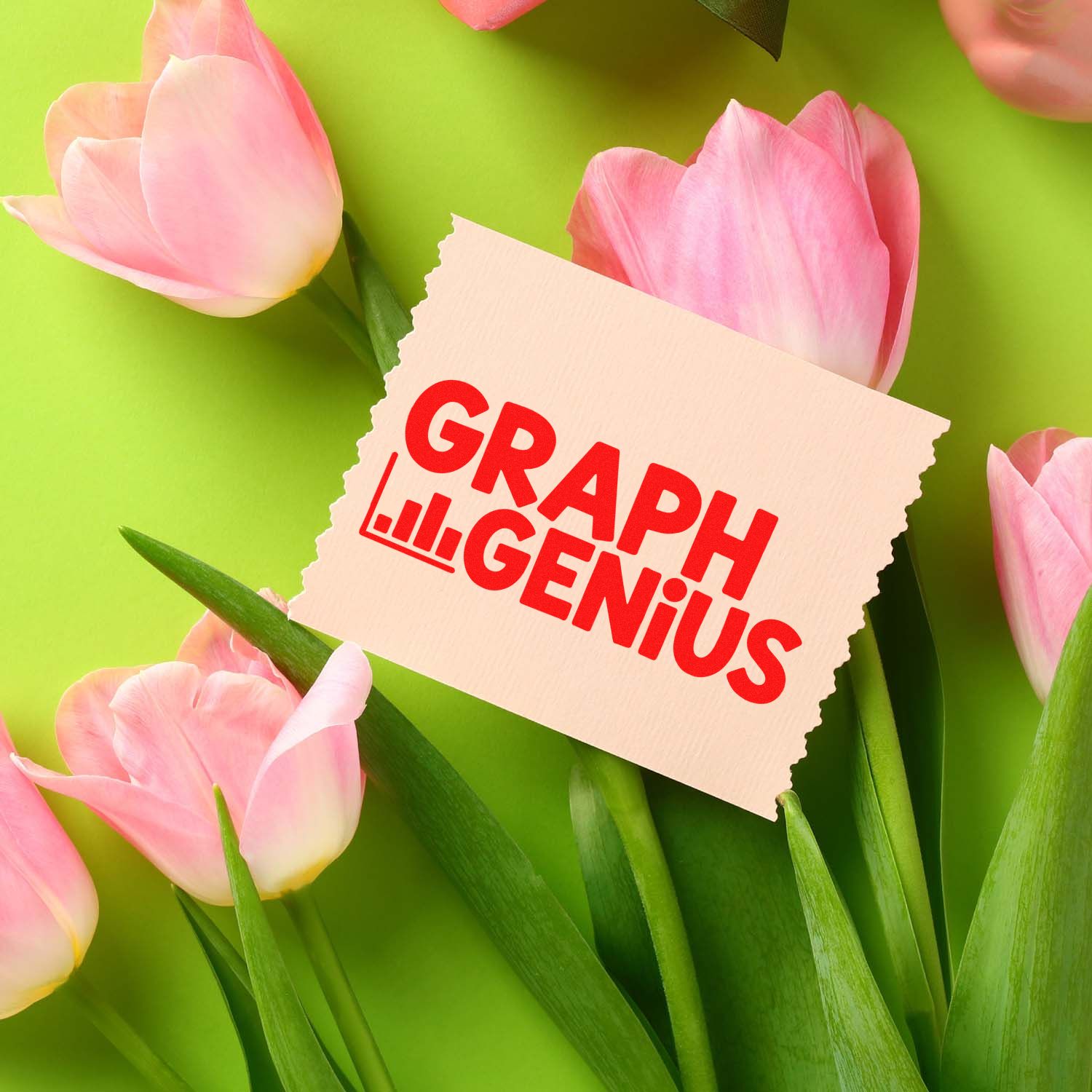 Beige torn-edge GRAPH GENIUS stamp and seal card among pink tulips on a bright green background.