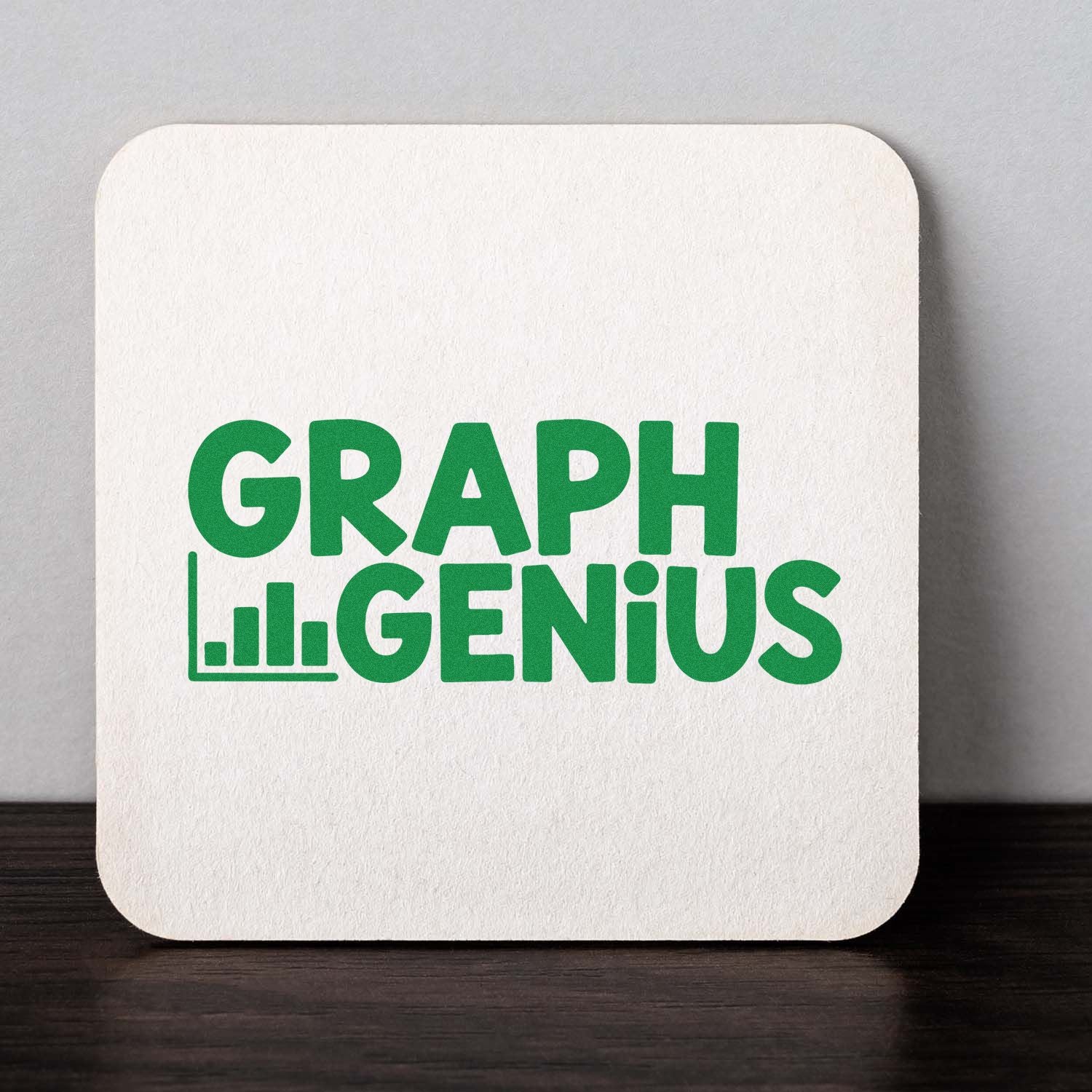 Green GRAPH GENIUS stamp seal on a white textured square, with bold green lettering, bar chart icon, and rounded corners.