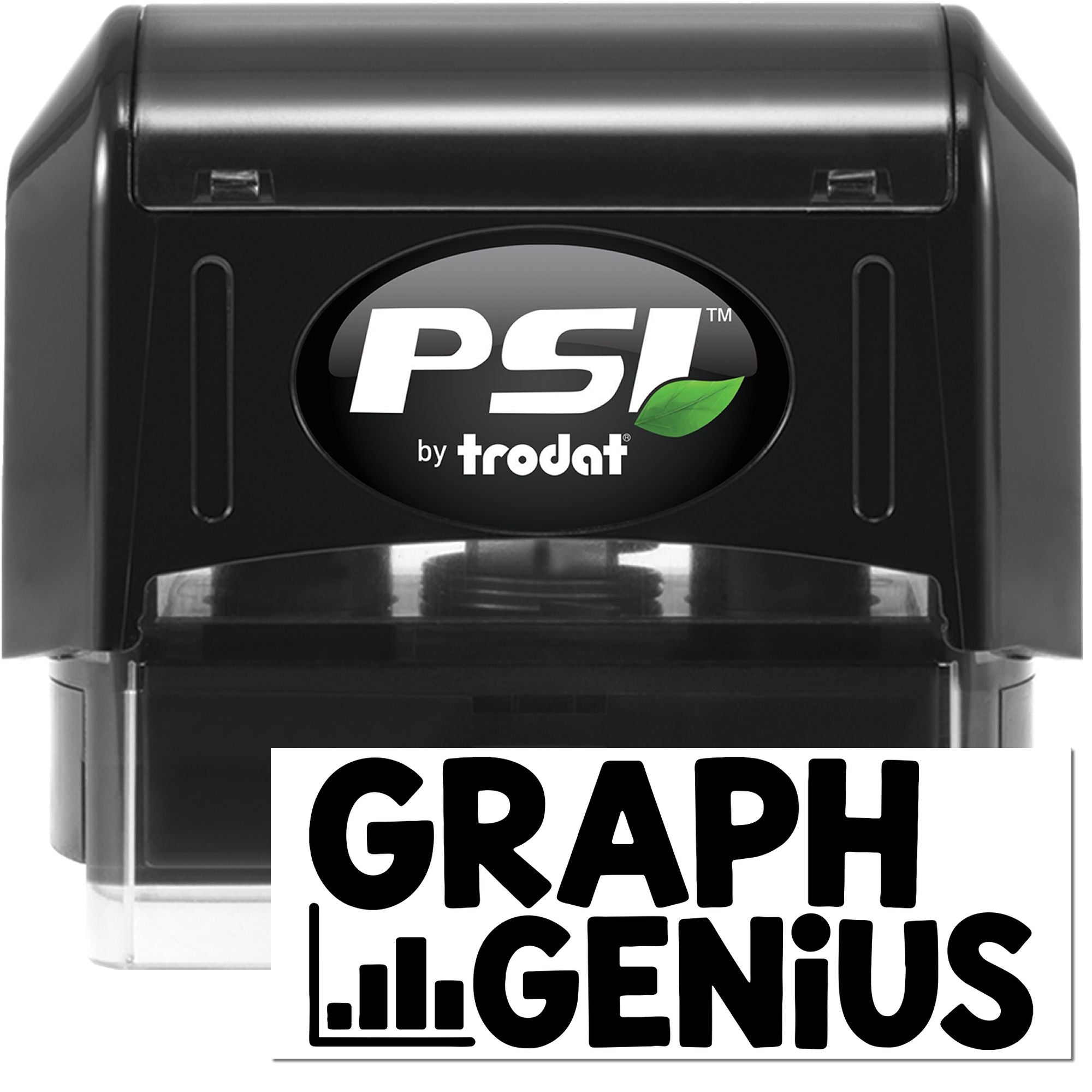 Black PSI by Trodat self-inking stamp and seal with clear base and Graph Genius branding