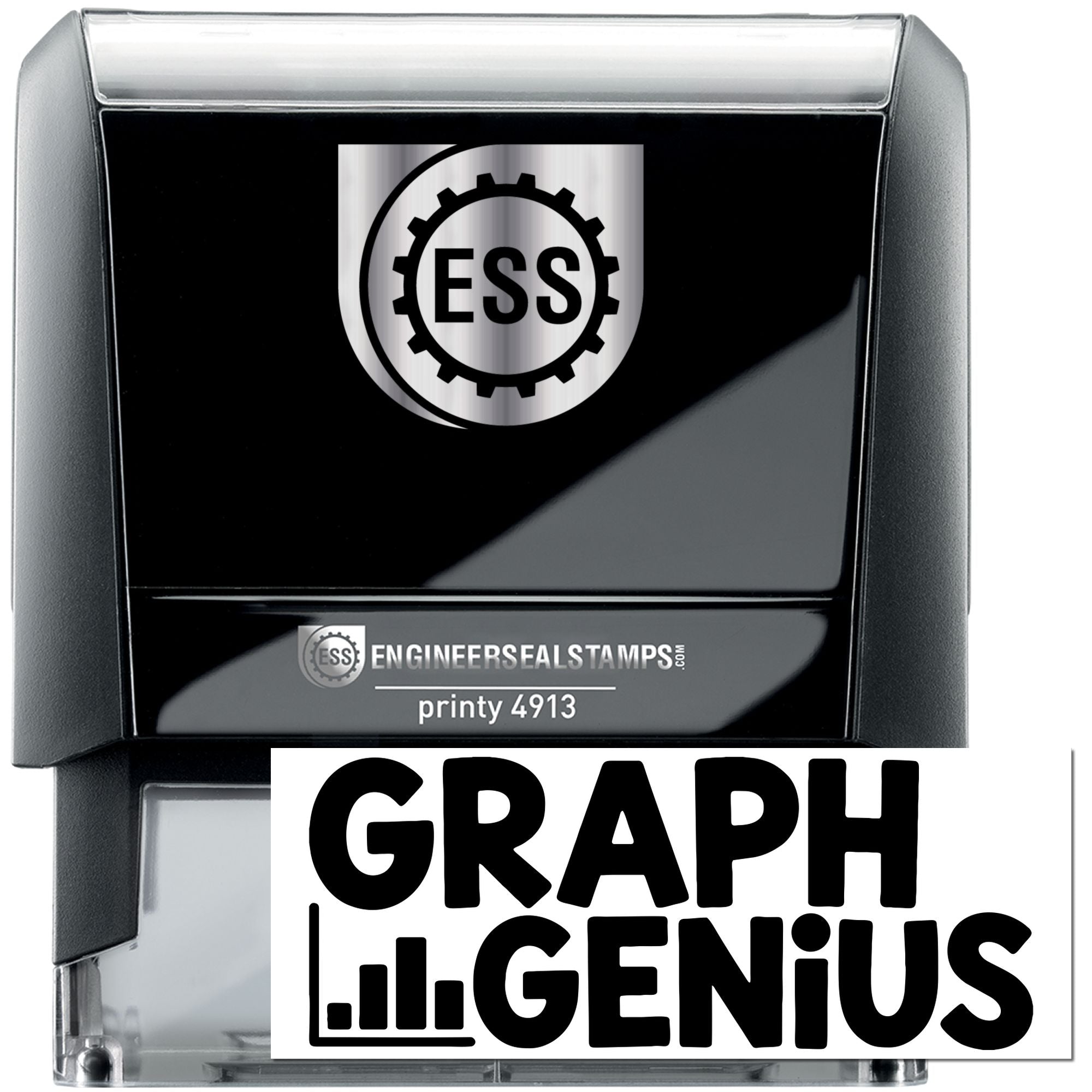 Black self-inking engineer seal stamp with silver ESS gear logo and GRAPH GENIUS branding.