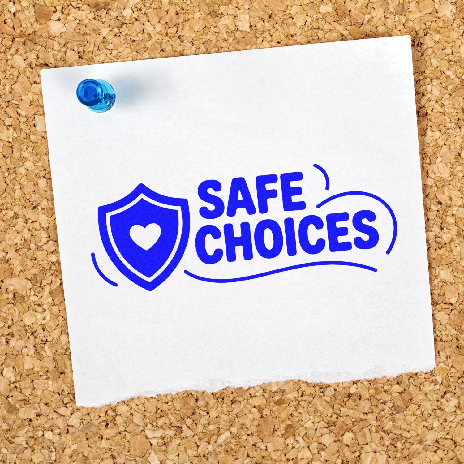 Blue Safe Choices stamp and seal design on white paper, with shield heart icon and blue pushpin.