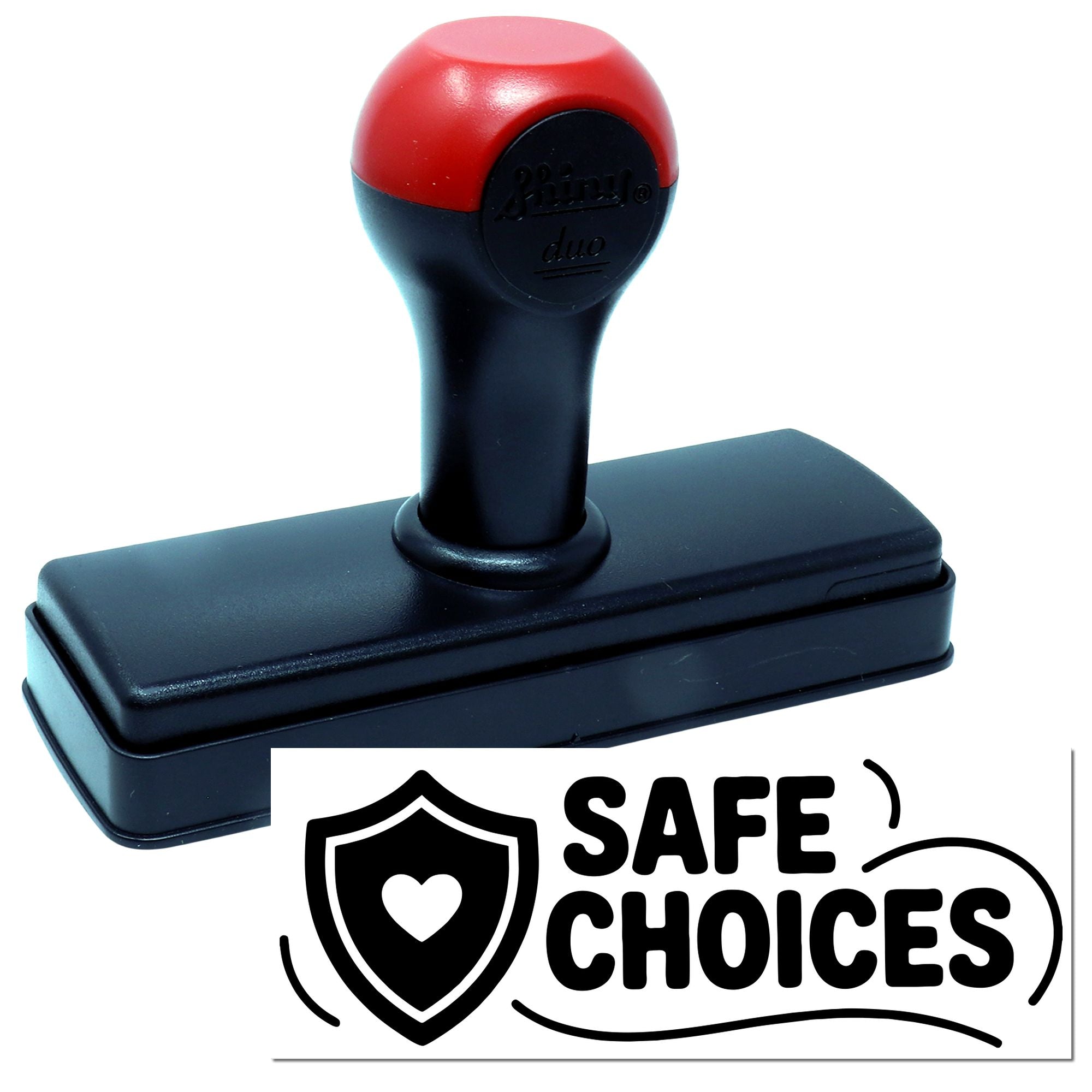 Black and red self-inking stamp with Safe Choices shield-and-heart seal logo