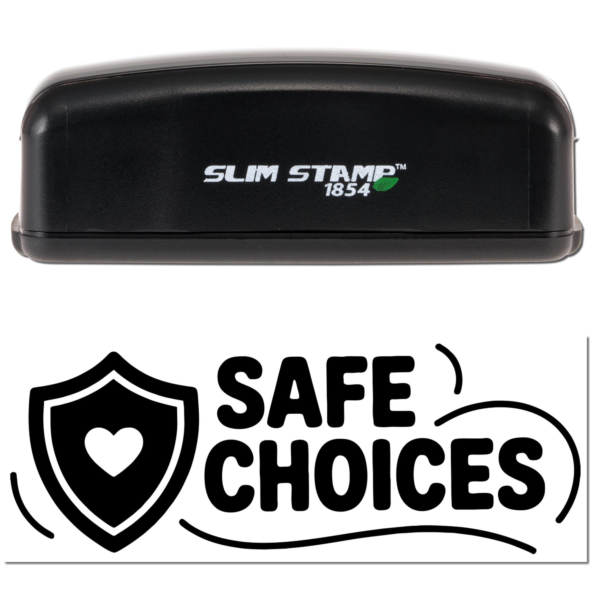 Black Slim Stamp 1854 stamp and Safe Choices seal logo with white text, shield heart icon, and green accent.