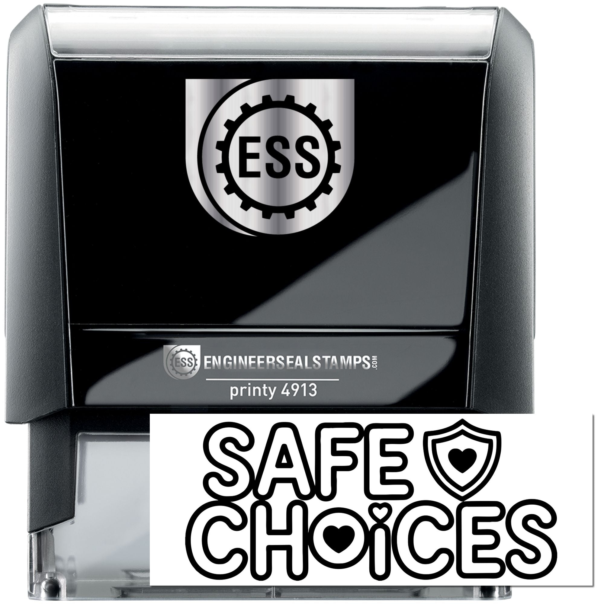 Black and silver self-inking stamp and seal with ESS logo, printy 4913, and SAFE CHOICES graphic.