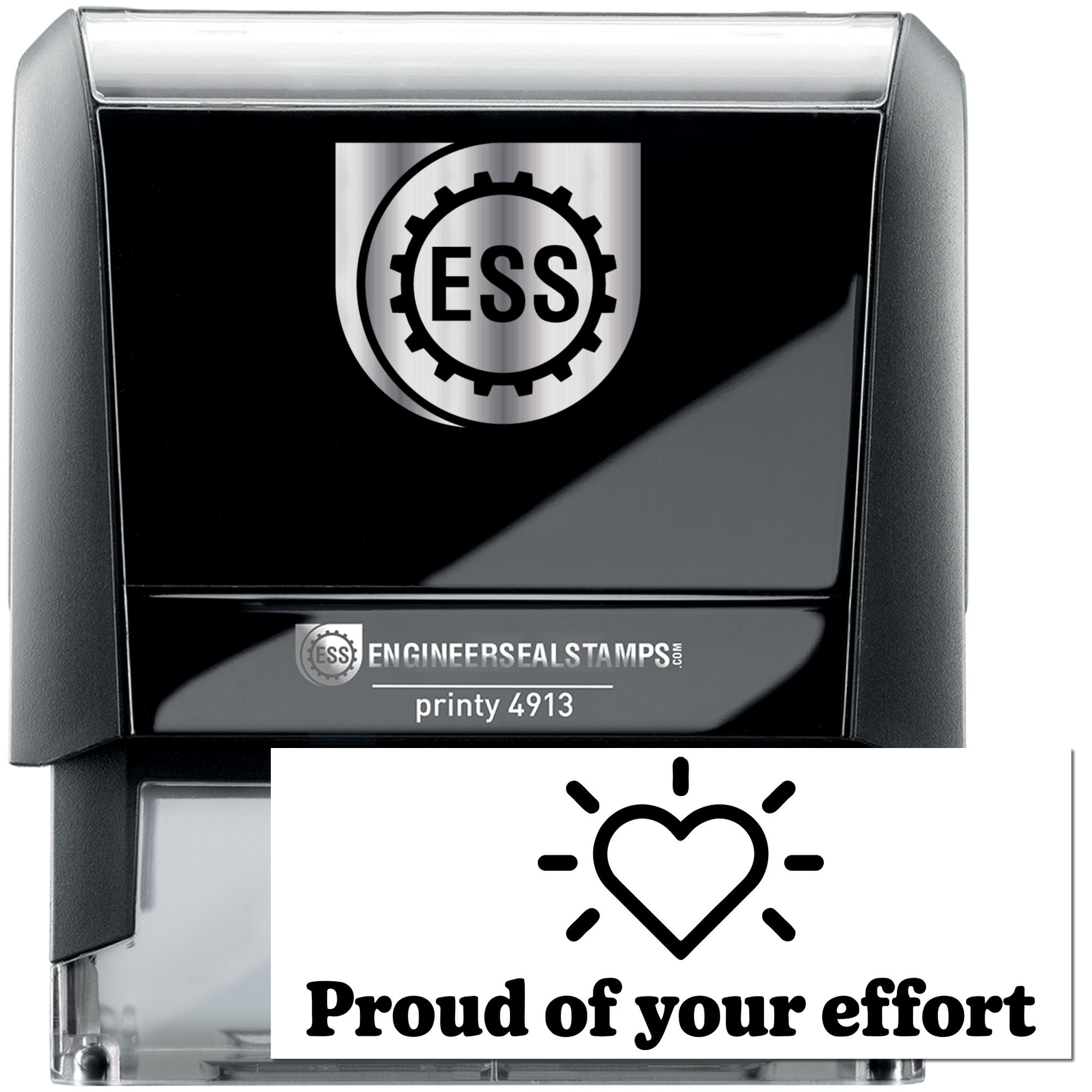 Black self-inking ESS stamp and seal with silver top and Proud of your effort heart design