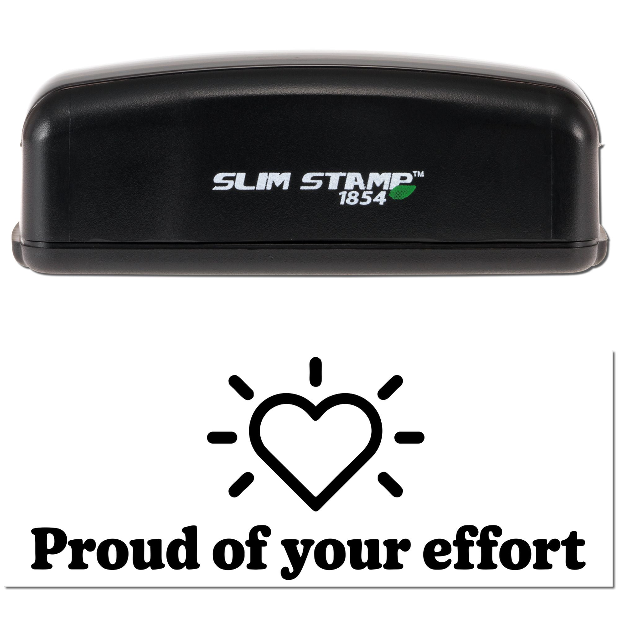 Black Slim Stamp 1854 self-inking stamp and seal with heart icon and Proud of your effort text on white.