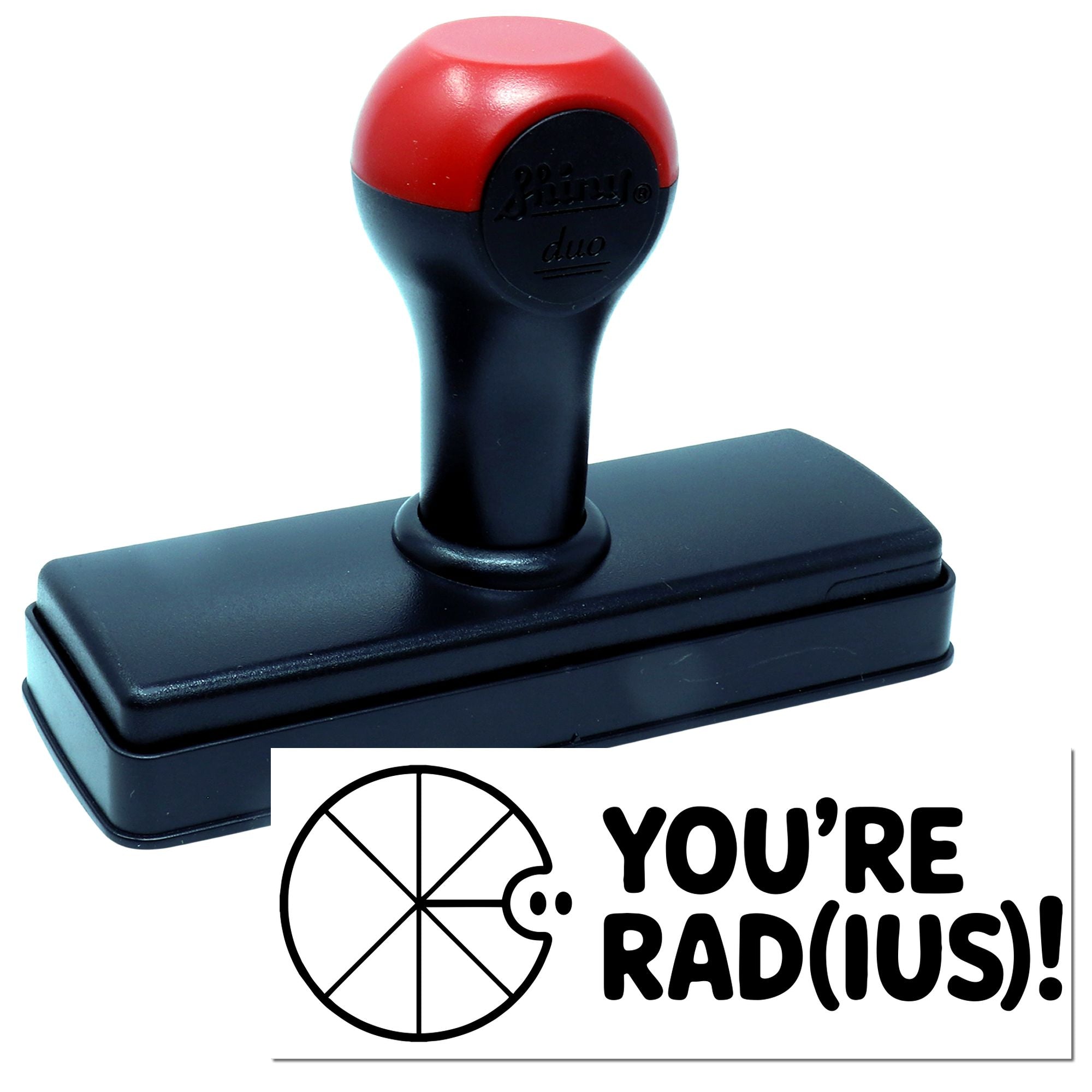 Red and black self-inking stamp and seal with rectangular base and bold YOURE RAD(US)! imprint.
