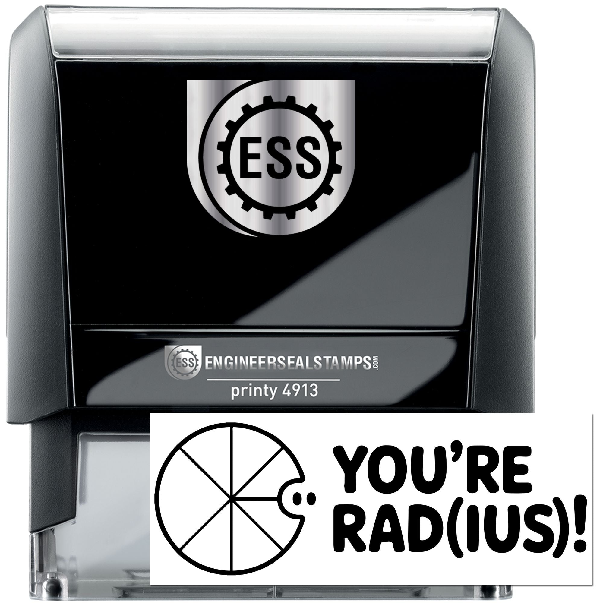 Black self-inking engineer seal stamp with silver trim and white YOURE RAD(US)! seal insert.