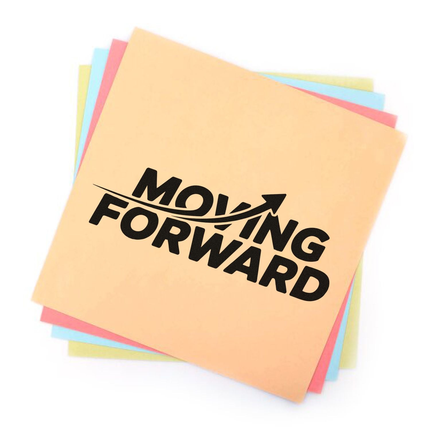 Pastel stamp seal set with bold black MOVING FORWARD text and upward arrow on stacked colored sheets.