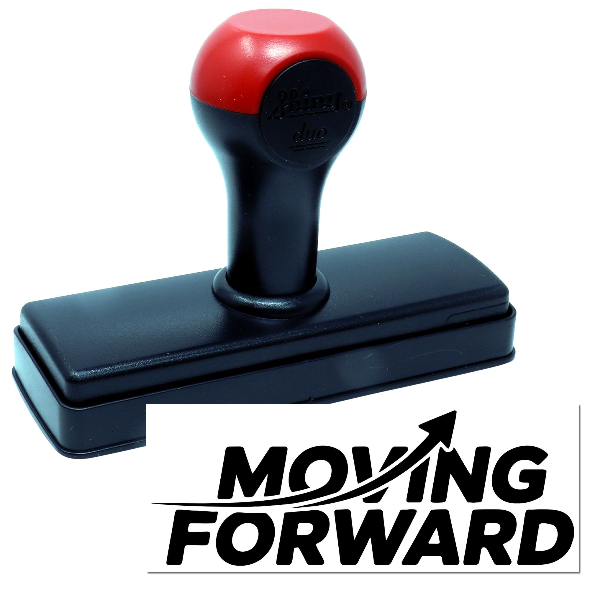 Black self-inking stamp with red cap and Moving Forward seal logo on white background.