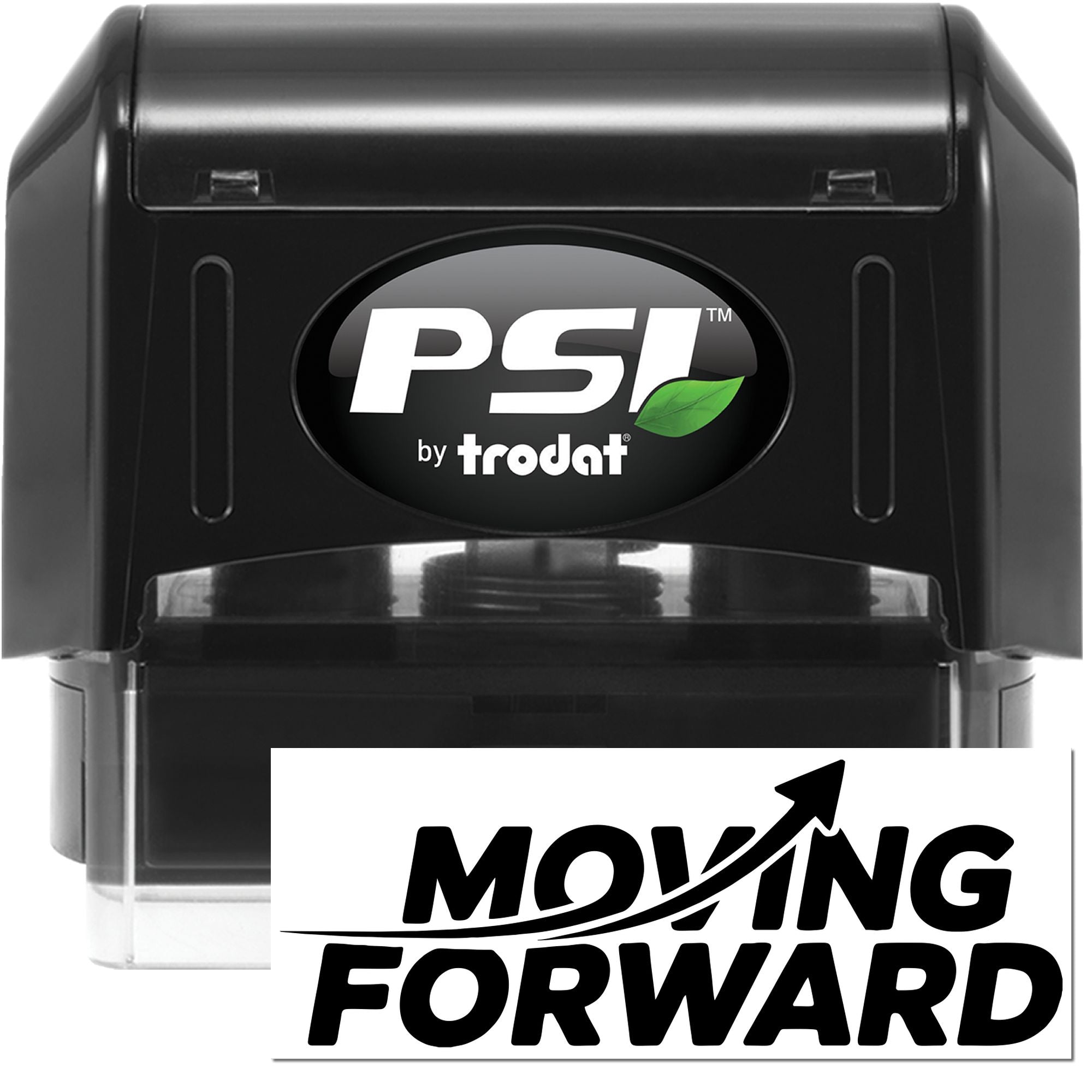 Black PSI by Trodat self-inking stamp and seal with green leaf logo and clear base, plus Moving Forward branding.