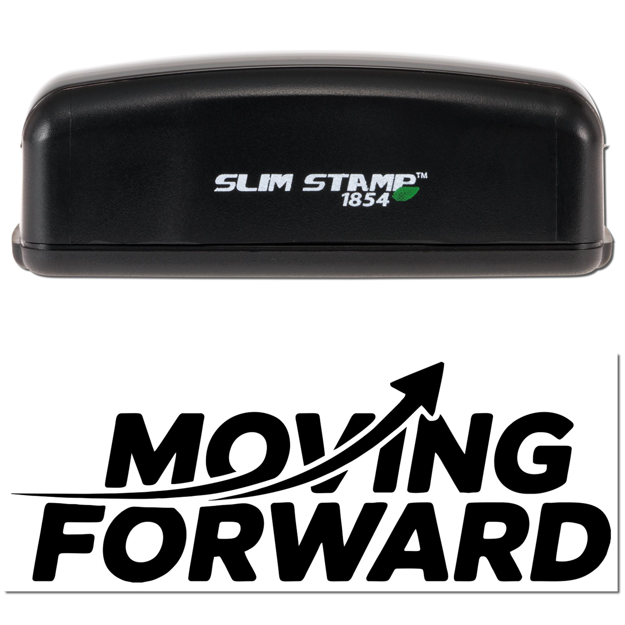 Black Slim Stamp 1854 handheld stamp and seal with white logo and green leaf on a white background.