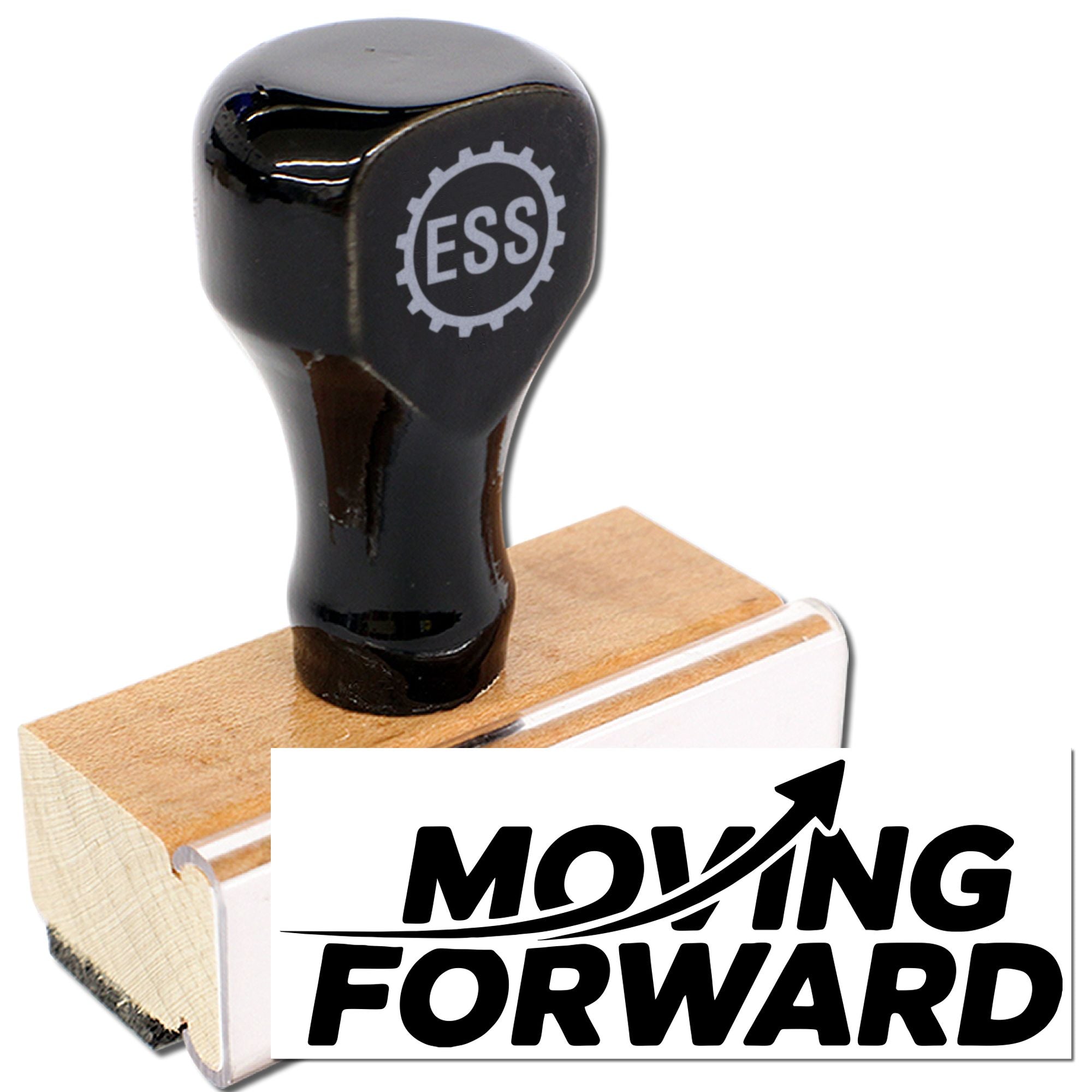 Black ESS rubber stamp with wooden base and bold white MOVING FORWARD seal impression.