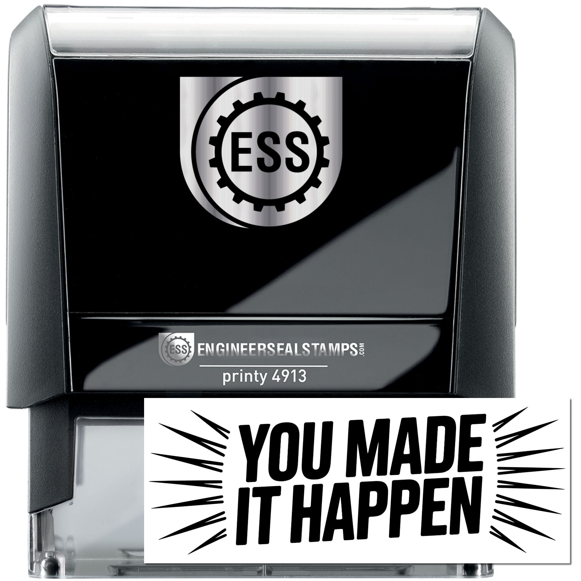 Black self-inking engineer seal stamp with silver top, ESS logo, and bold You Made It Happen imprint.