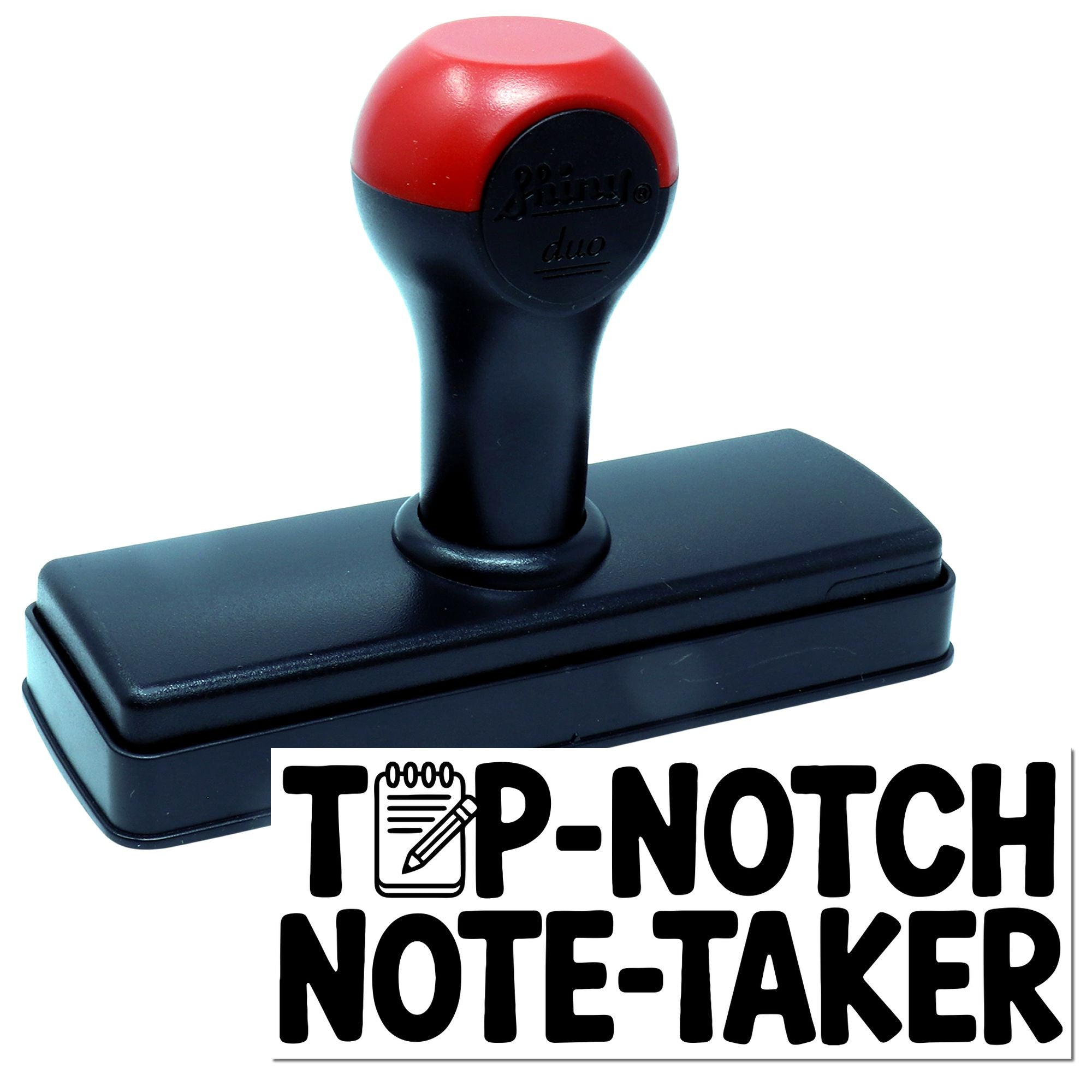 Red-and-black self-inking rubber seal stamp with black rectangular base.