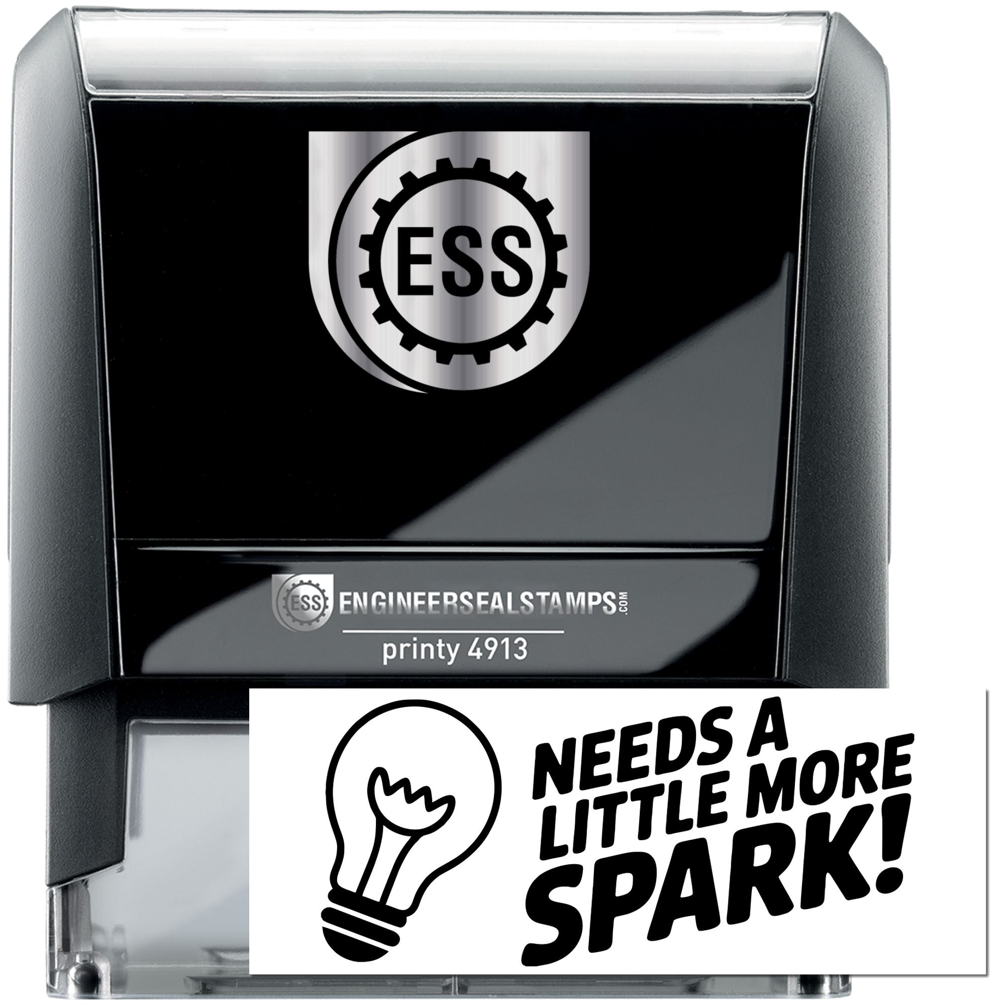 Black and silver ESS self-inking stamp and seal with gear logo, Printy 4913, and Needs a Little More Spark! design.